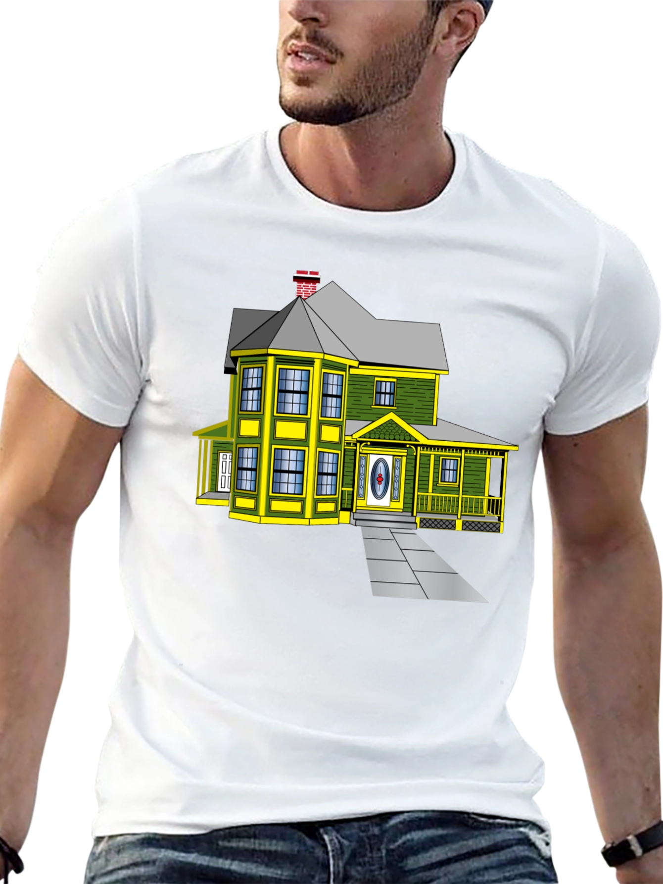 Cartoon House Graphic Tee | Novelty Design Shirt