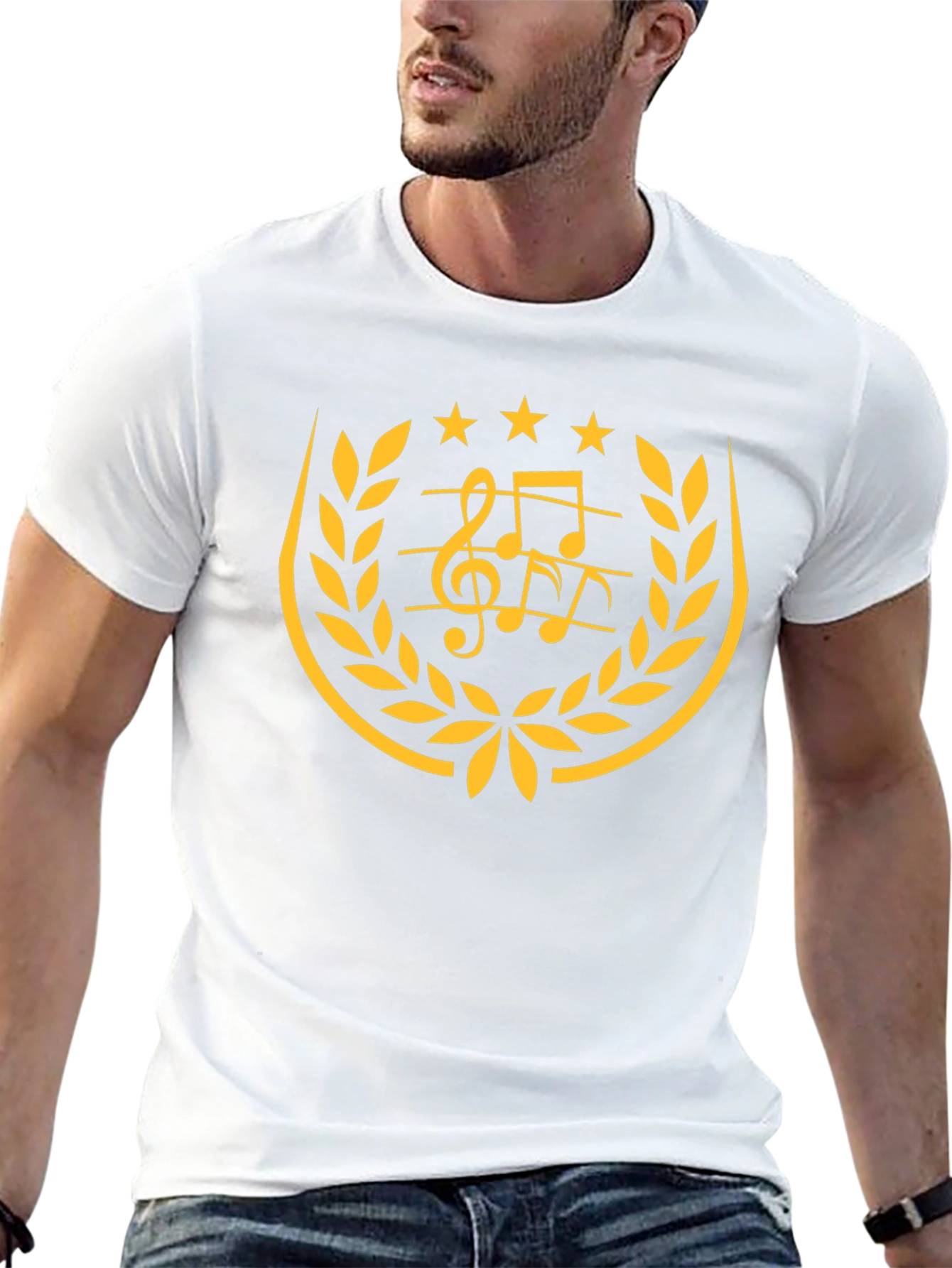 Music Note Laurel Wreath Graphic Black T-Shirt
