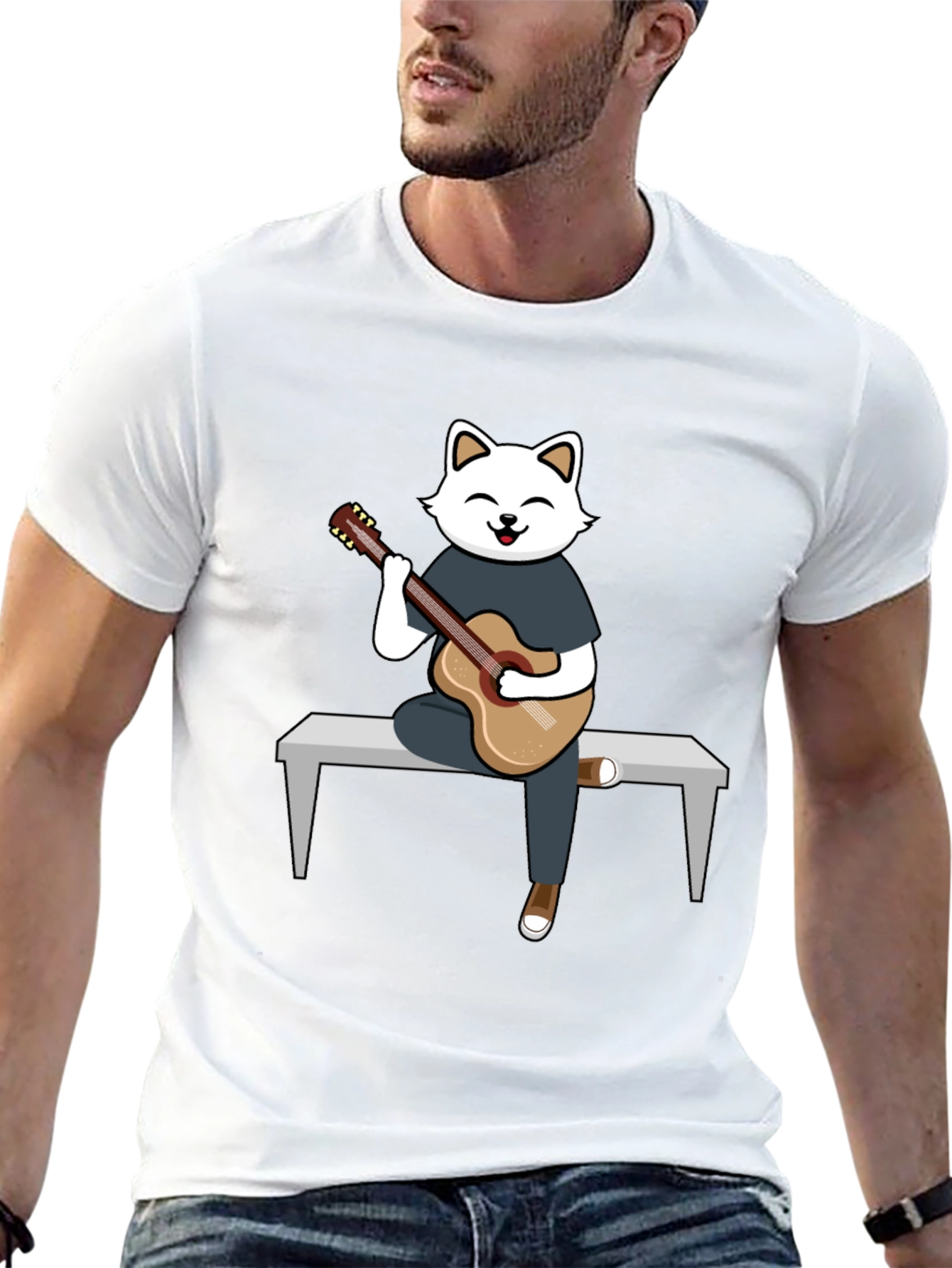 Cat Guitarist Graphic T-Shirt - Playful Design Soft Cotton