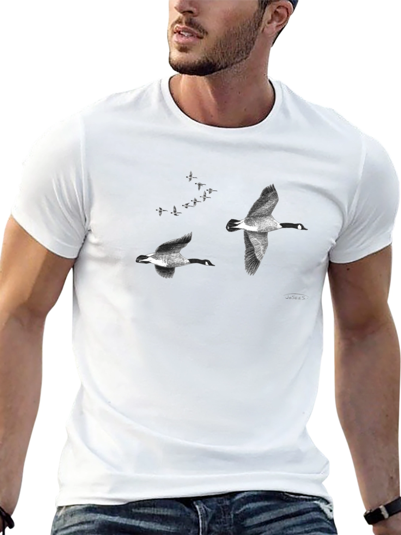 Flying Geese Graphic Tee - Black Cotton Casual T-Shirt