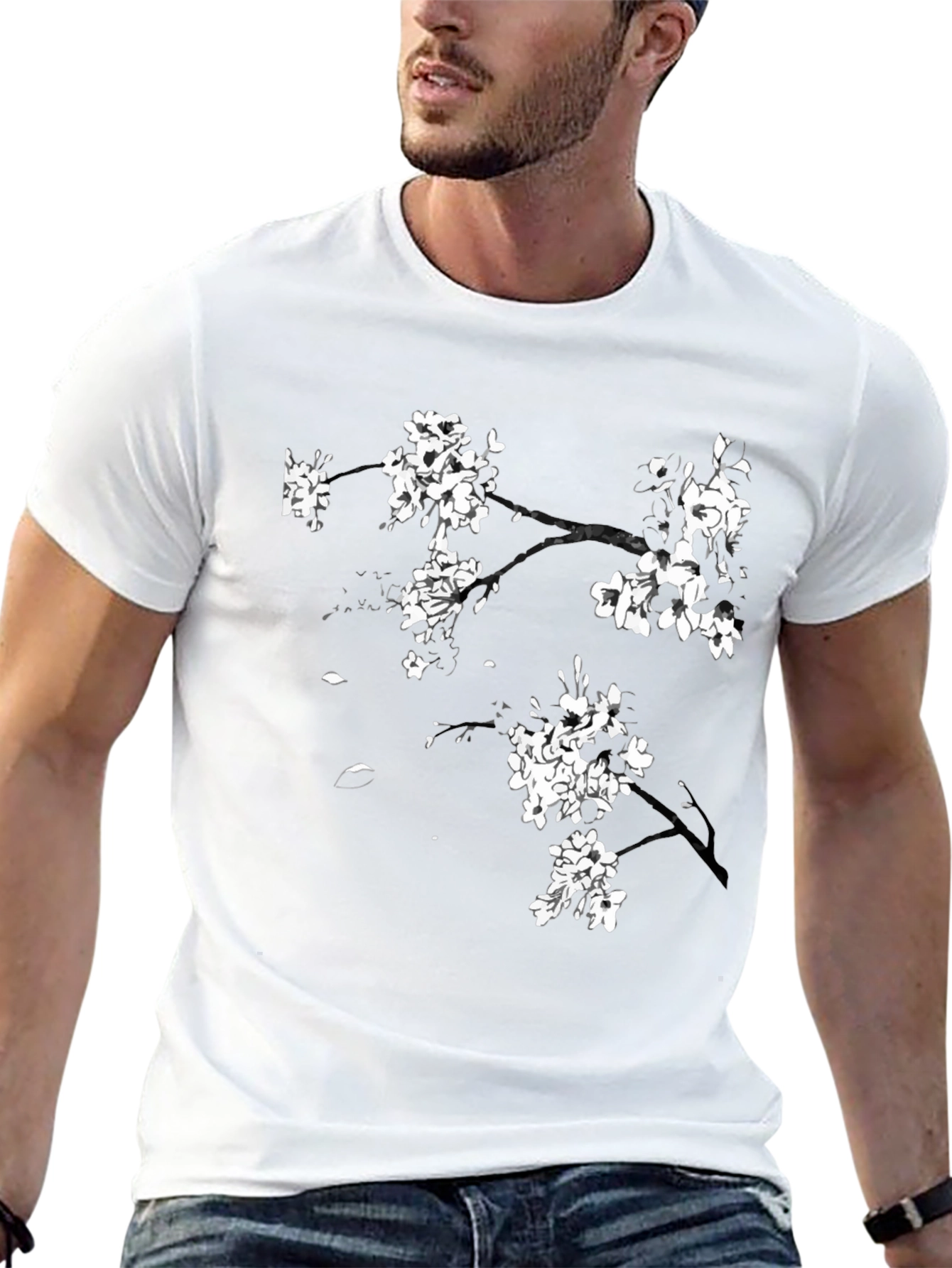 Black T-Shirt with Cherry Blossom Design