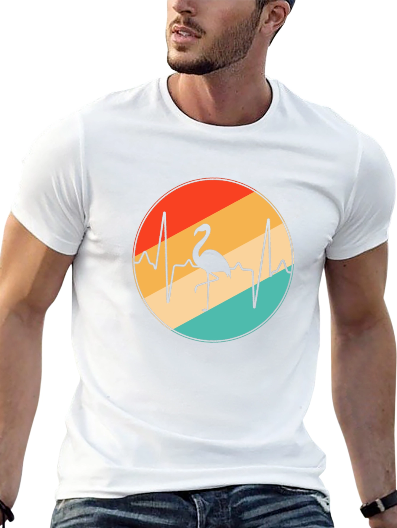 Flamingo Heartbeat Retro Graphic Tee - Black
