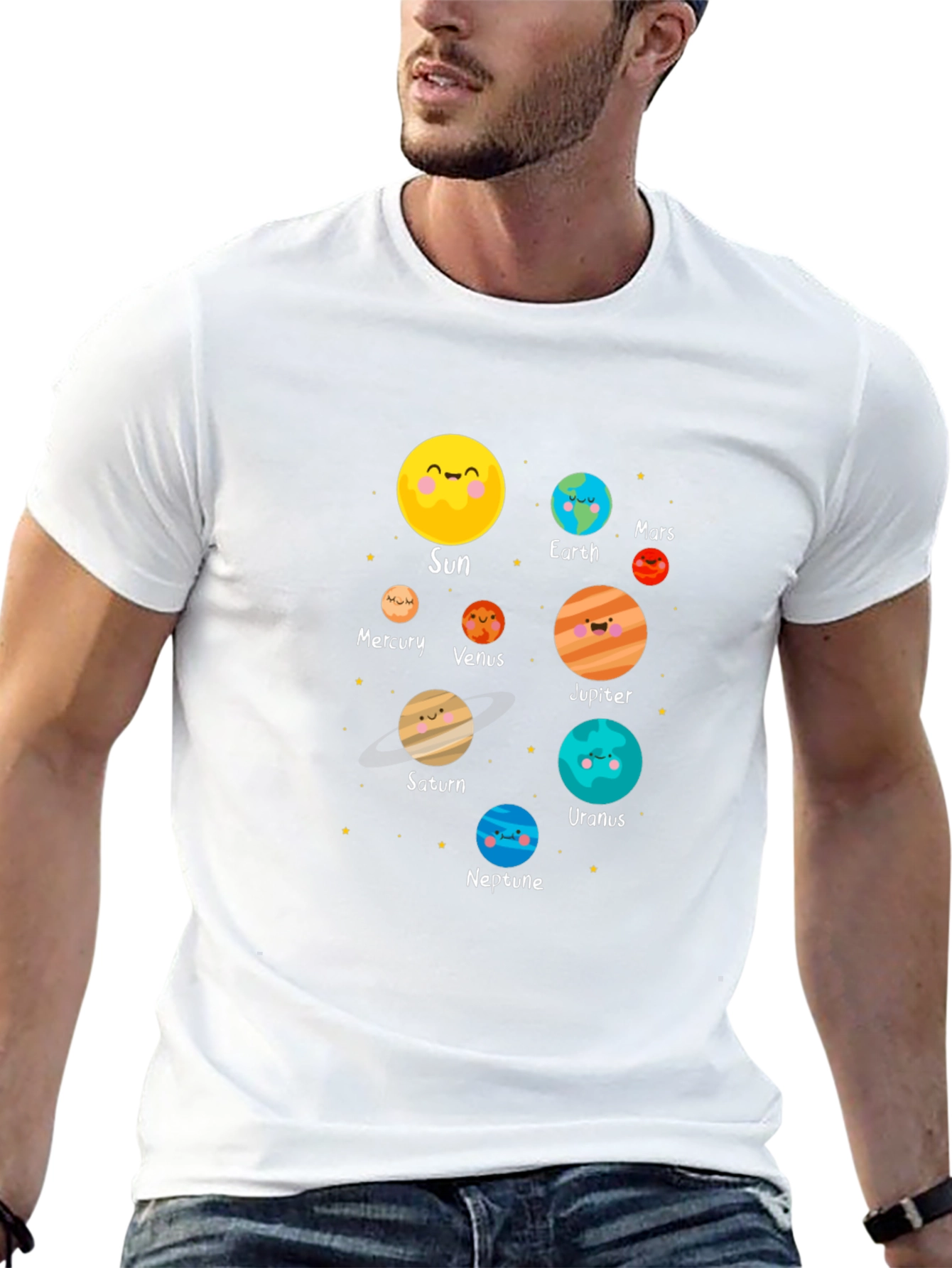 Cartoon Planet Print Black T-Shirt