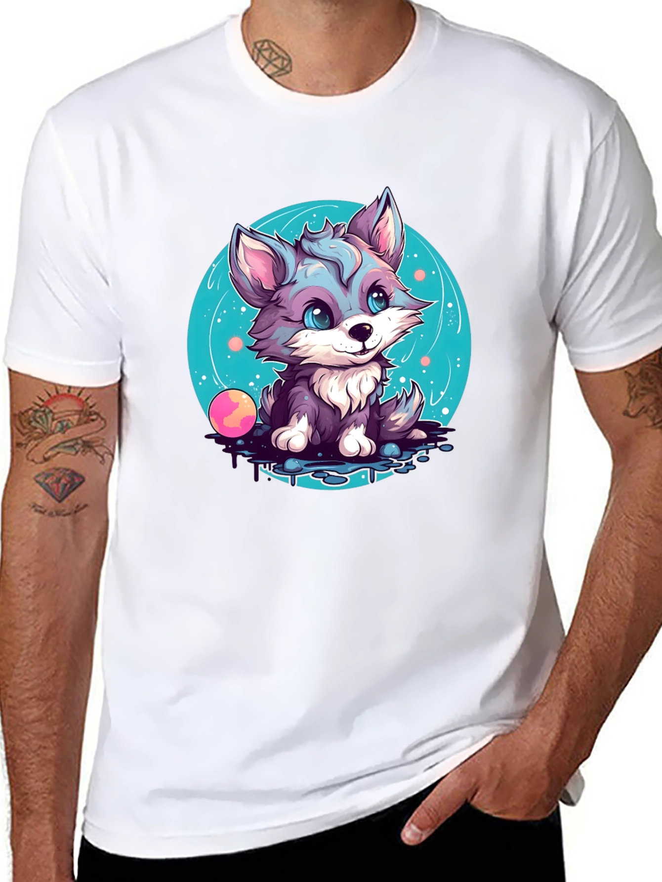 Cute Wolf Pup Graphic Tee - Black Cotton