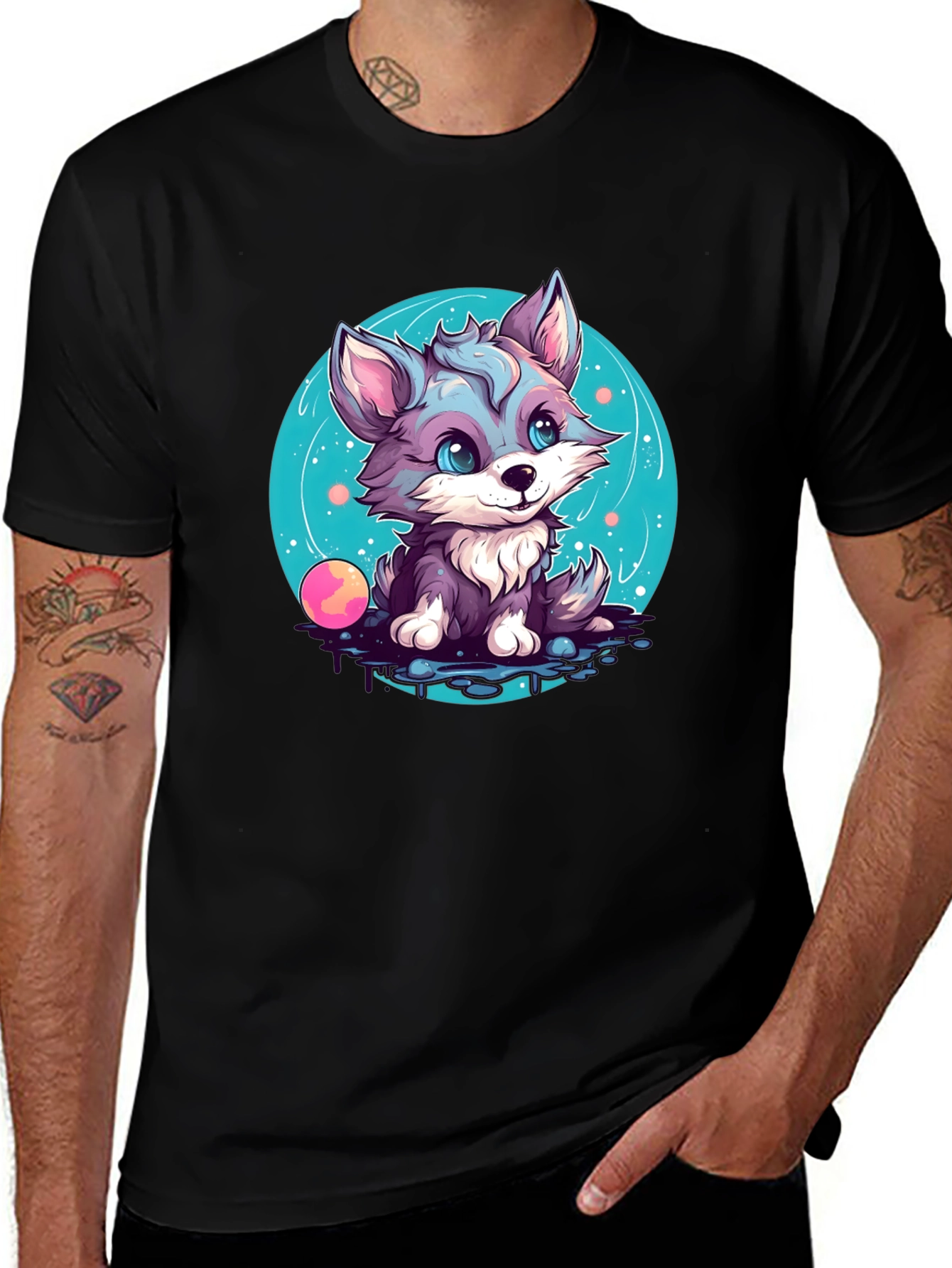 Cute Wolf Pup Graphic Tee - Black Cotton