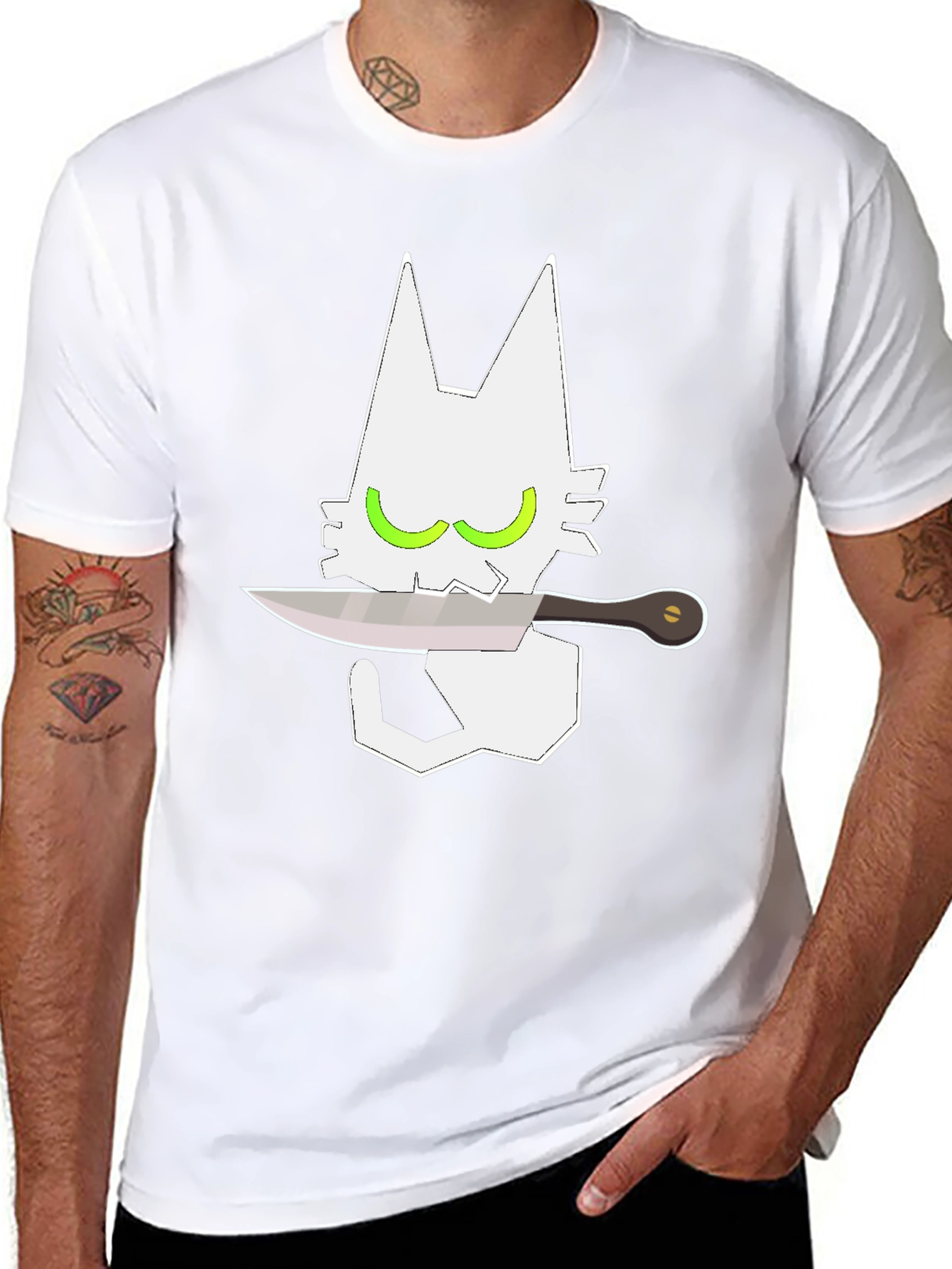 Cat With Knife Graphic Tee - Mens Black T-Shirt