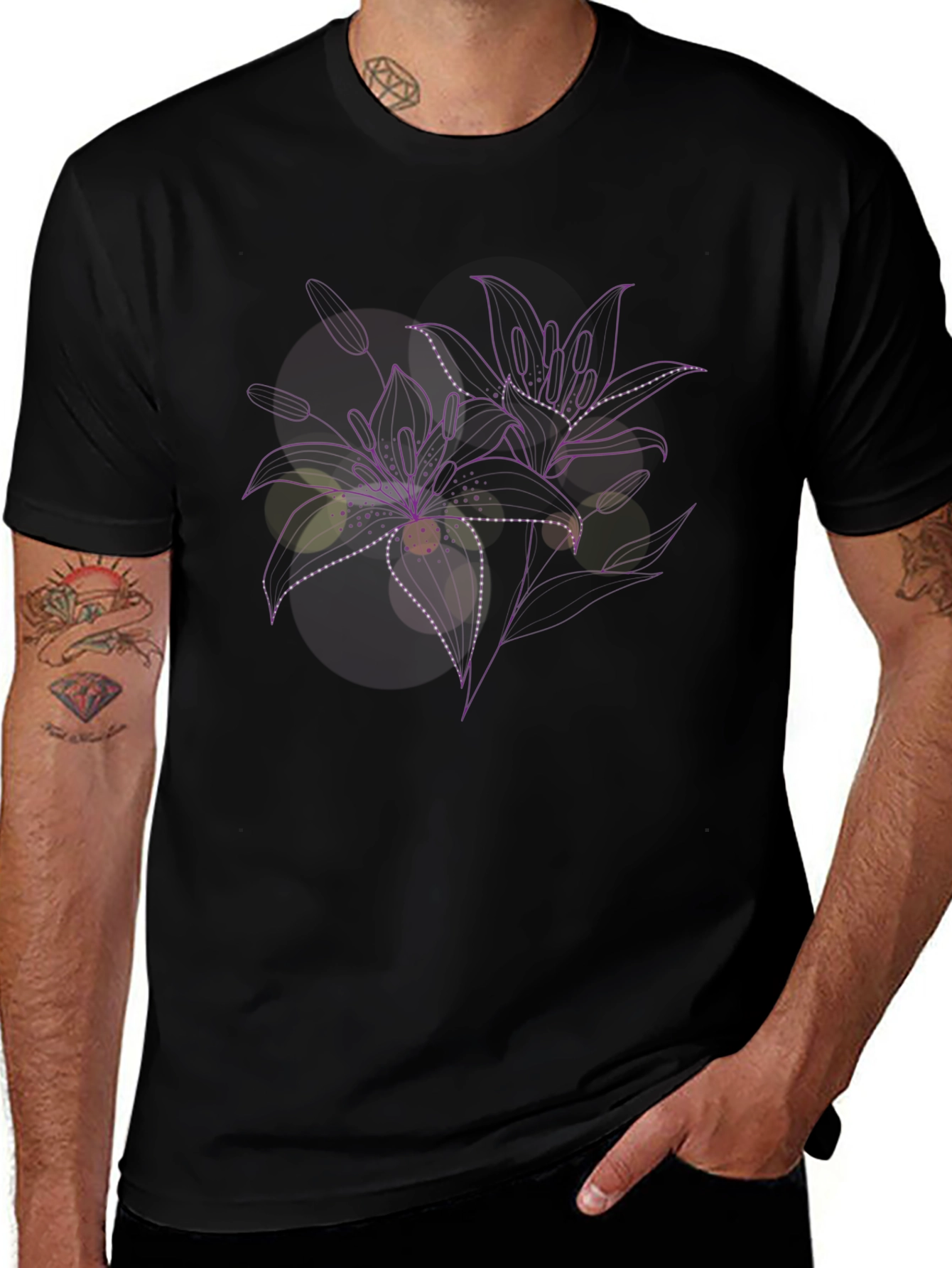 Floral Line Art Black T-Shirt