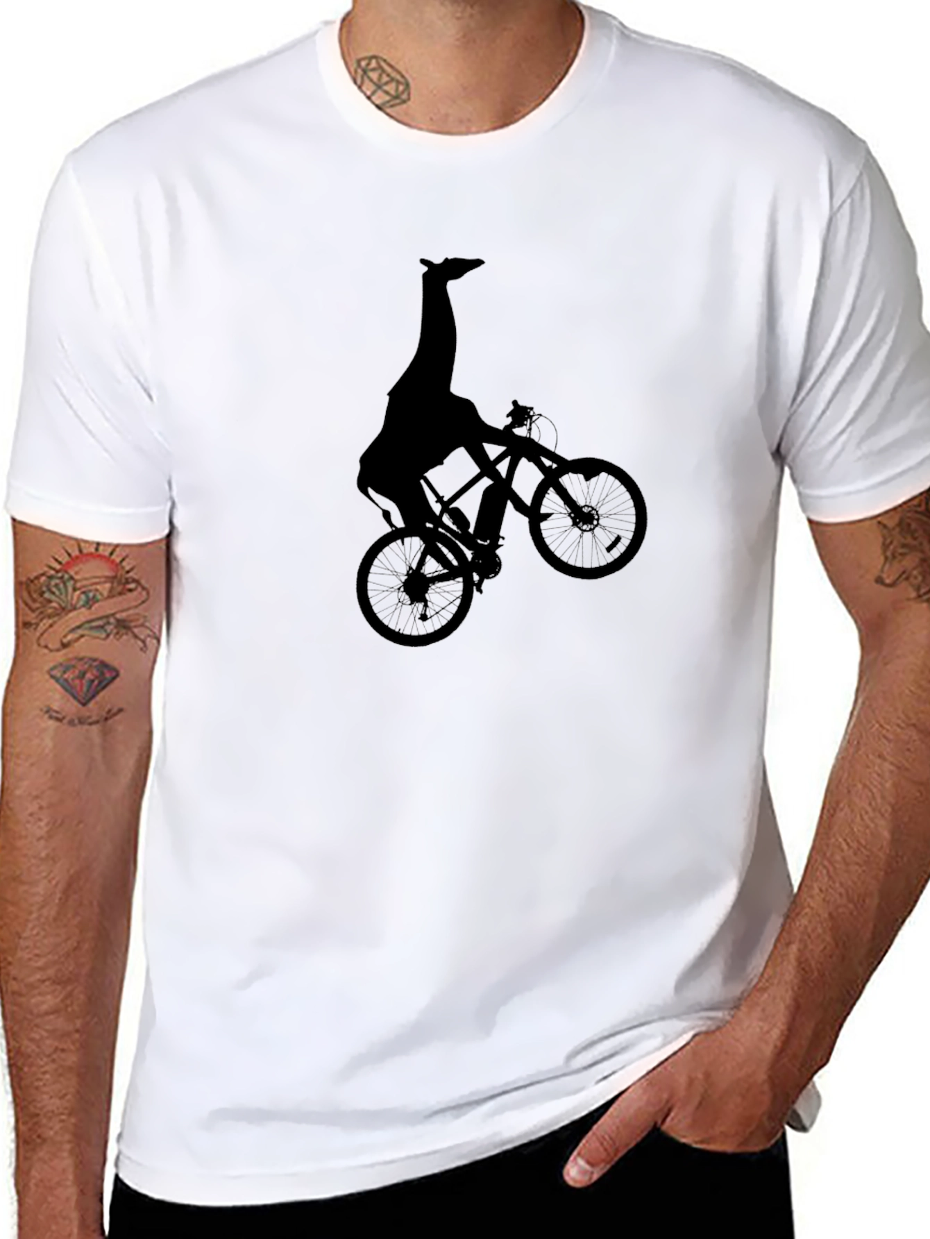 Giraffe on Bike Graphic Tee - Quirky Black T-Shirt