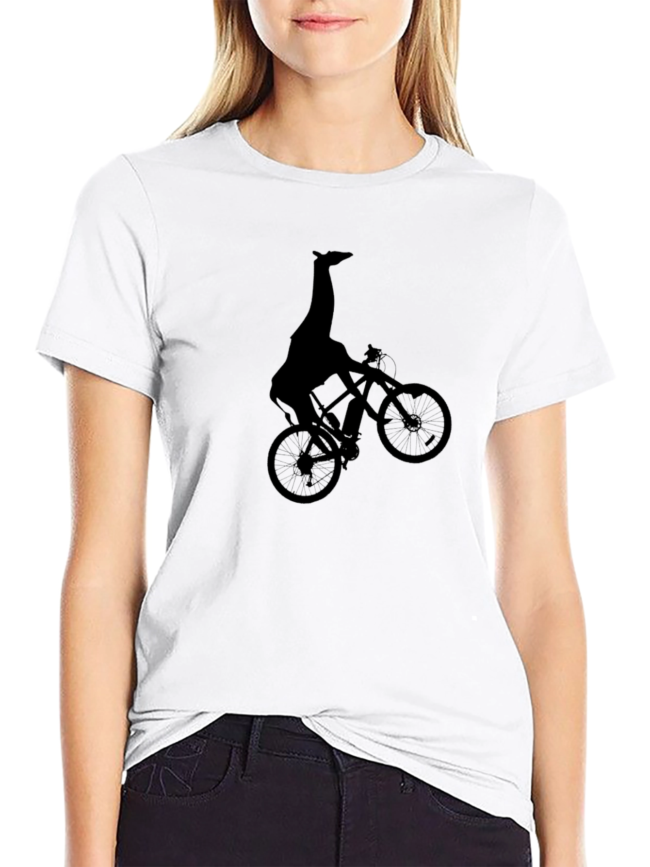 Giraffe on Bike Graphic Tee - Quirky Black T-Shirt