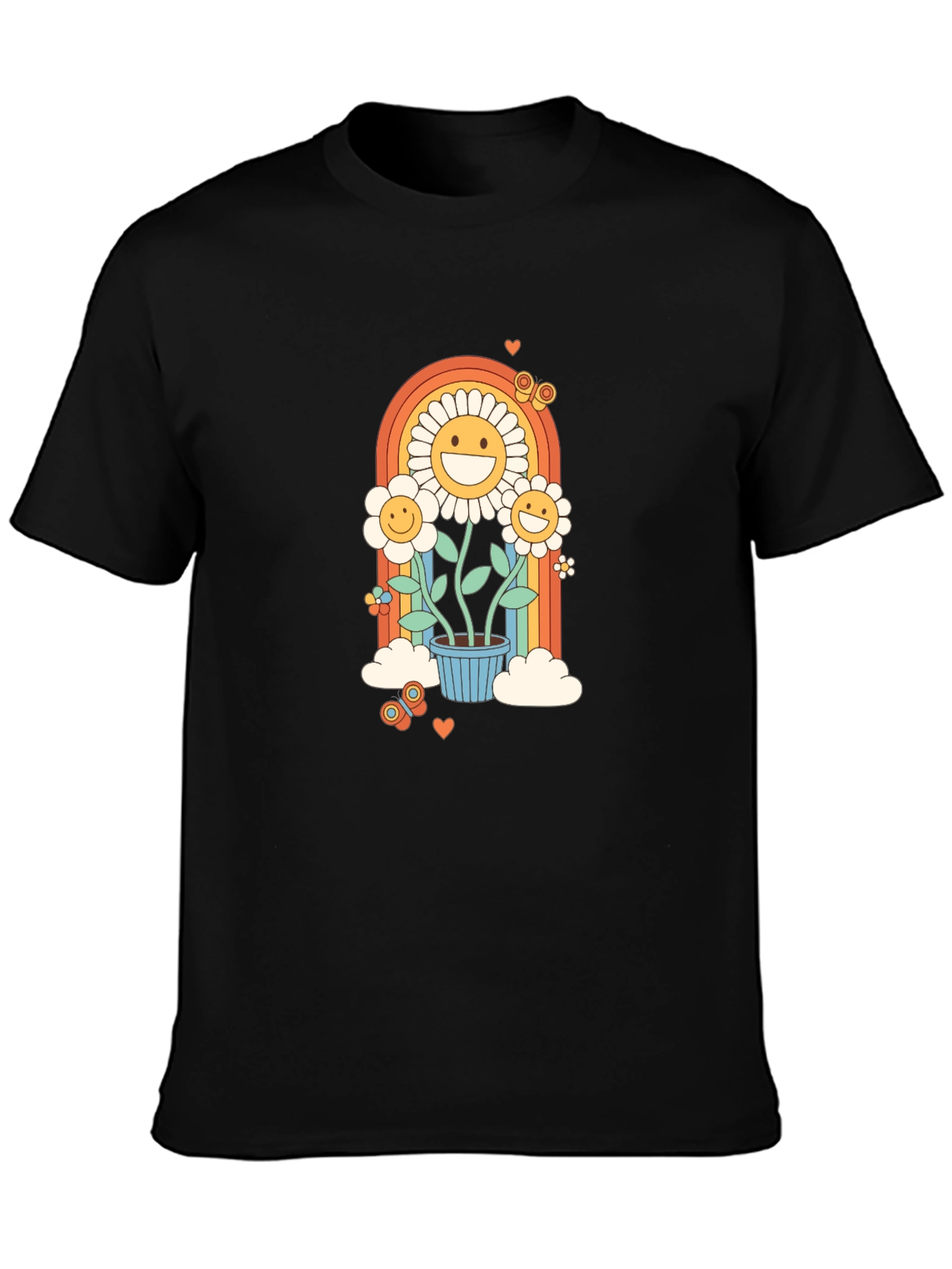Retro Flower Power Graphic Tee - Black Cotton Blend