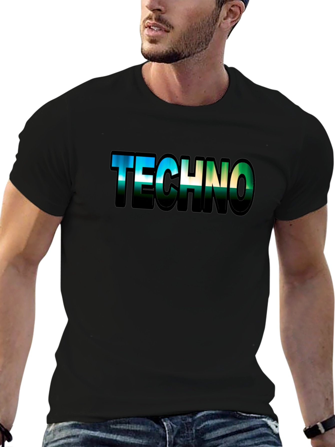 Techno Graphic Tee - Black Cotton Crew Neck T-Shirt