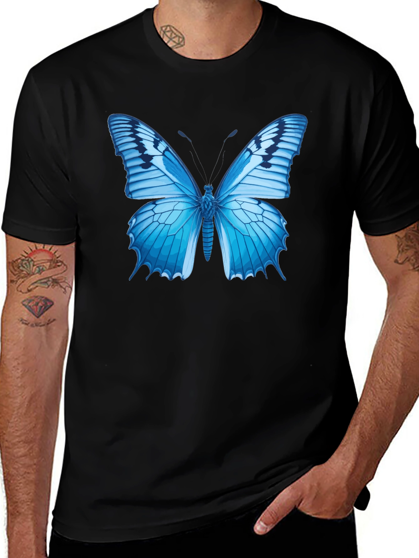 Blue Butterfly Graphic Black T-Shirt