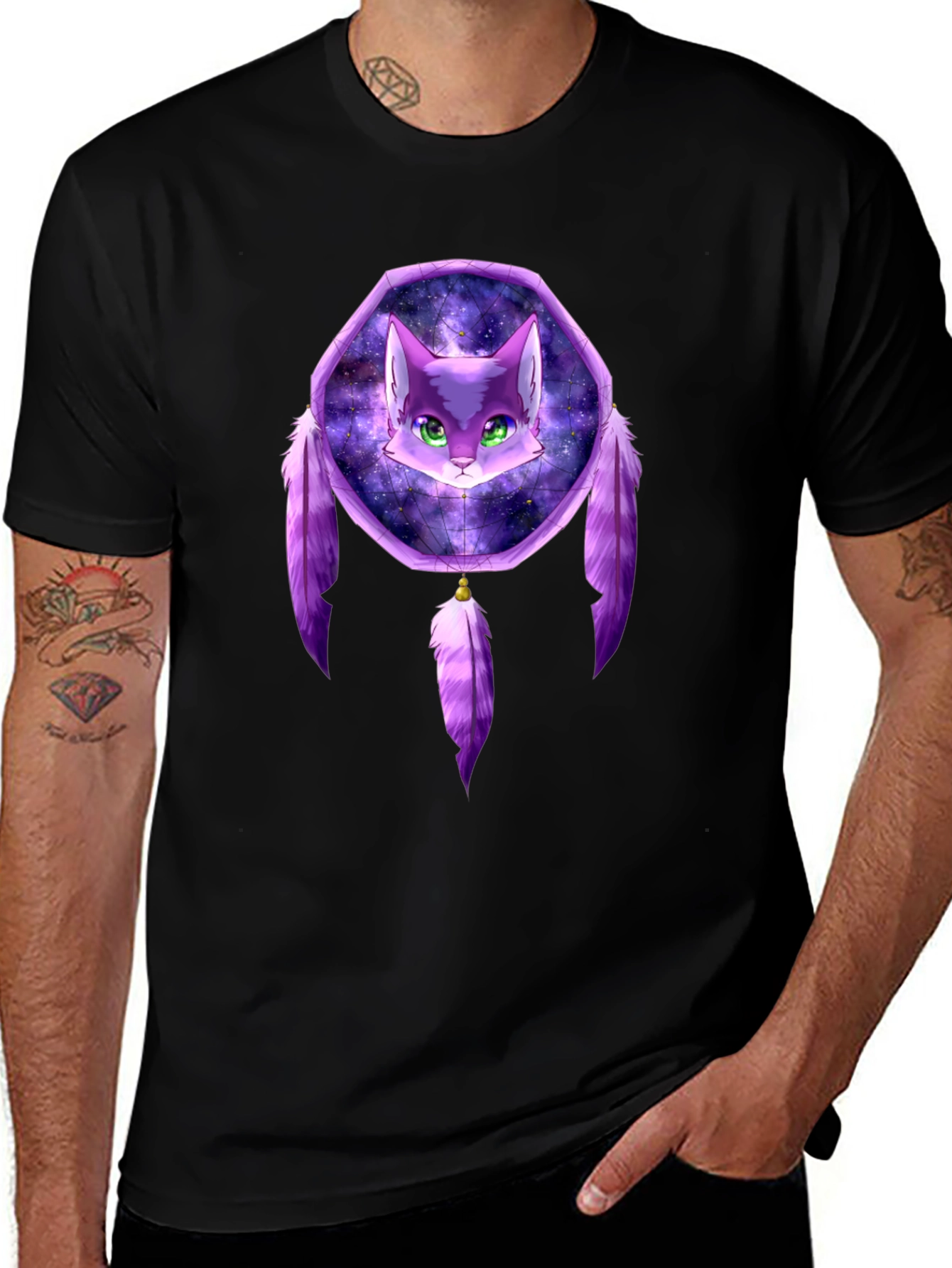 Cat Dreamcatcher Graphic Black T-Shirt