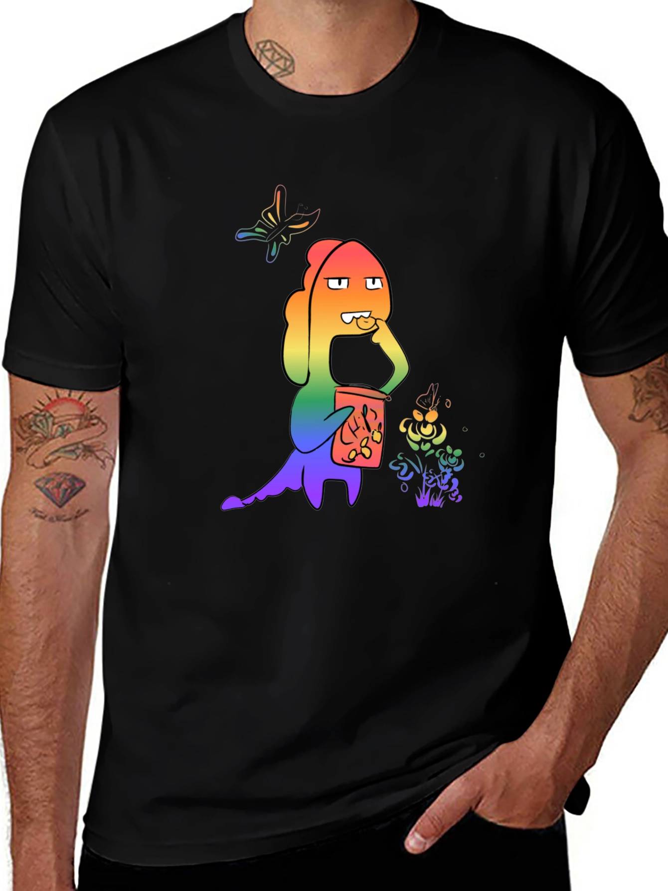 Rainbow Cartoon Character Black T-Shirt