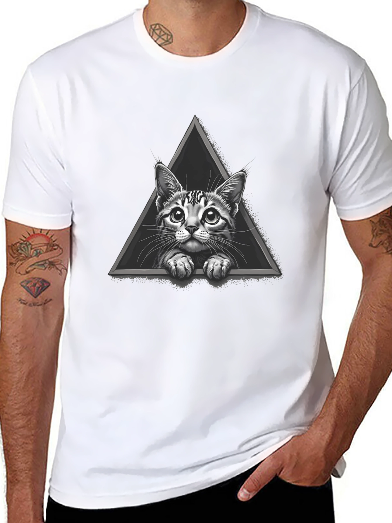 Cat Triangle Graphic Tee - Black Cotton T-Shirt