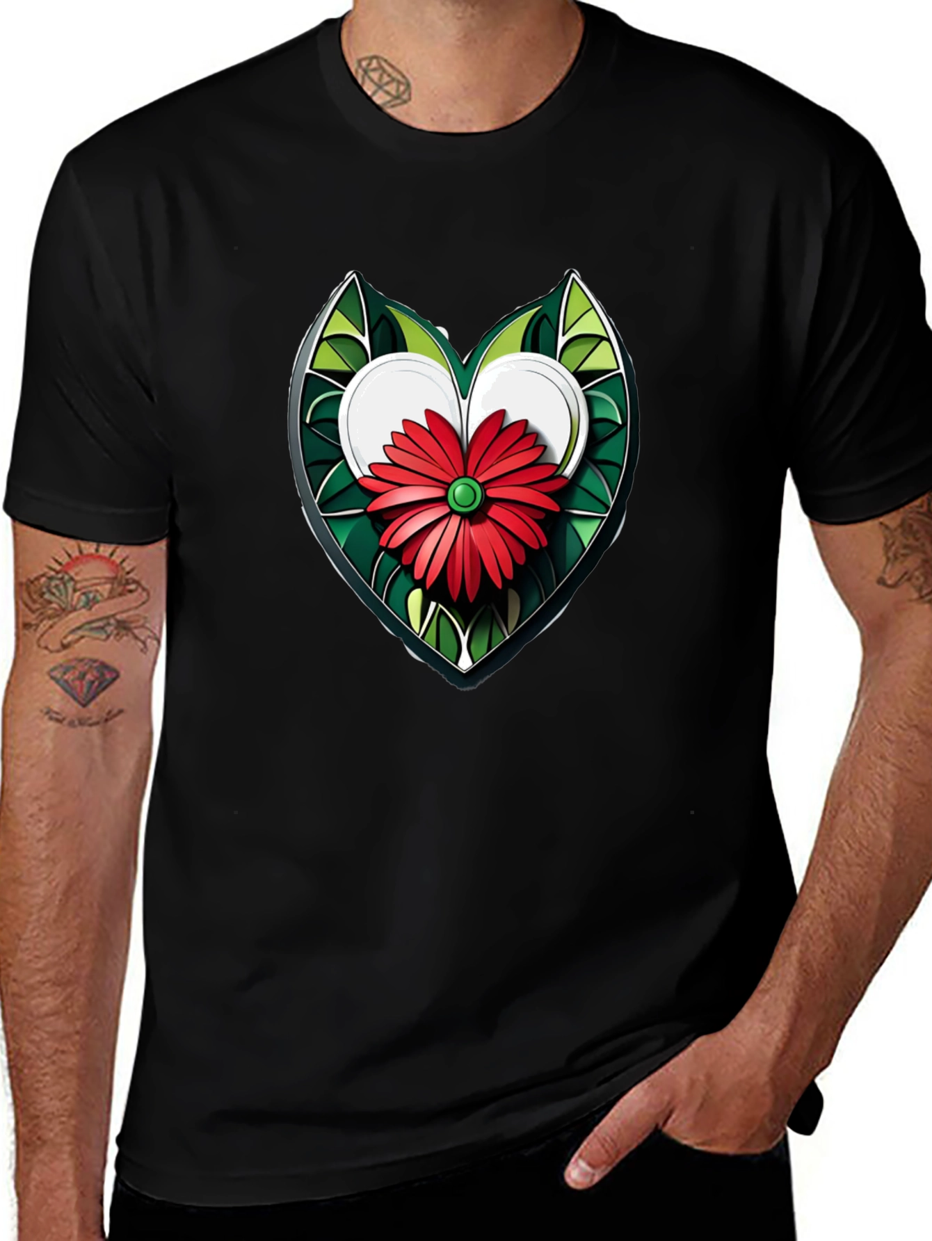 Heart Flower Graphic Black T-Shirt