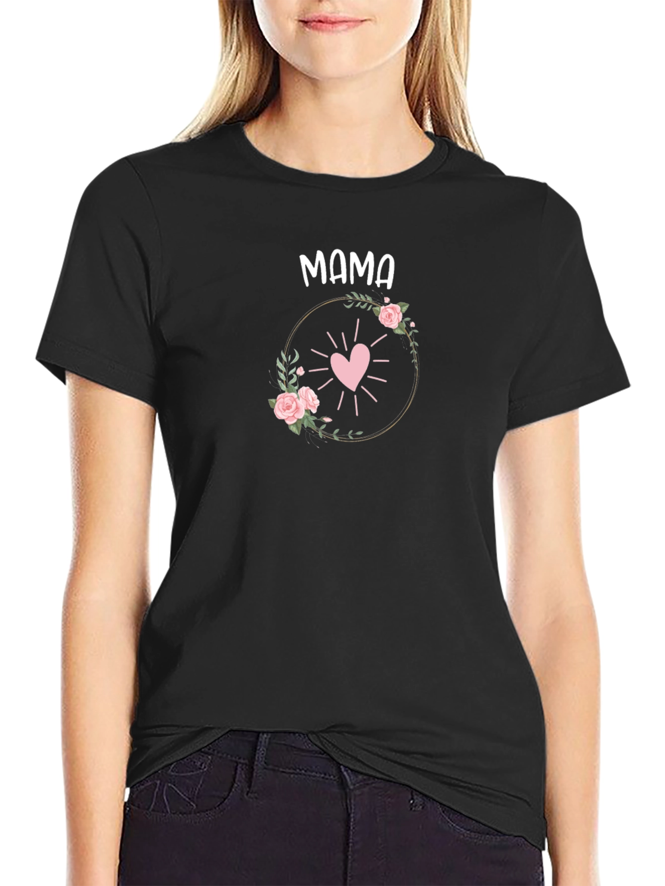 Mama Heart Floral Graphic Tee - Black