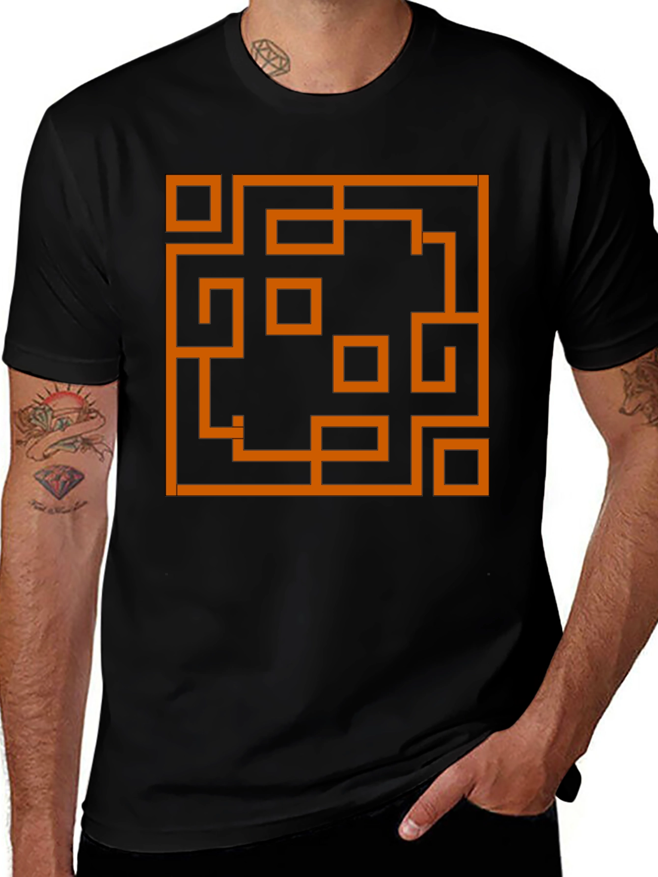 Abstract Maze Graphic Tee - Stylish Mens Black T-Shirt