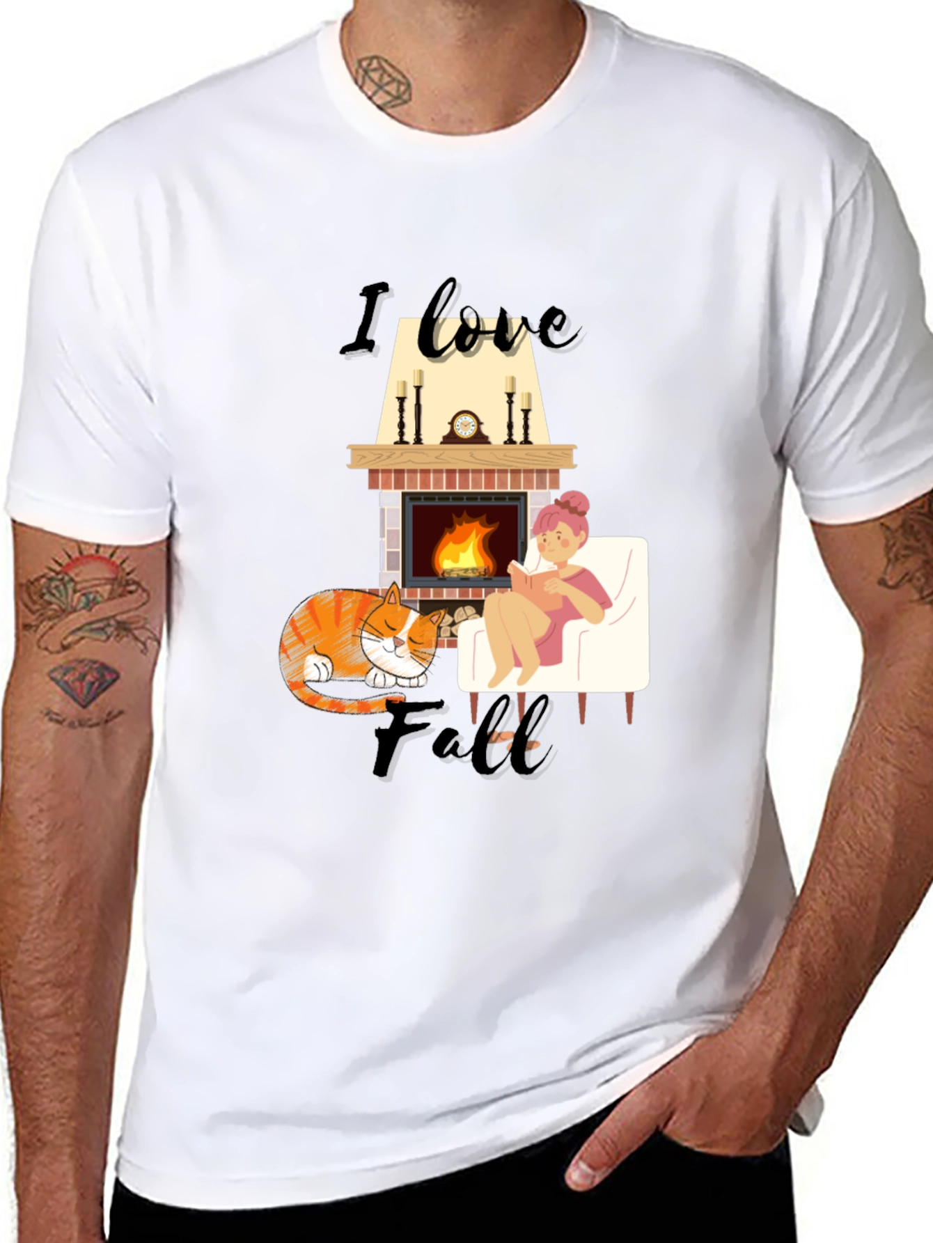 Cozy Fall T-Shirt: Cat Fireplace and Comfort