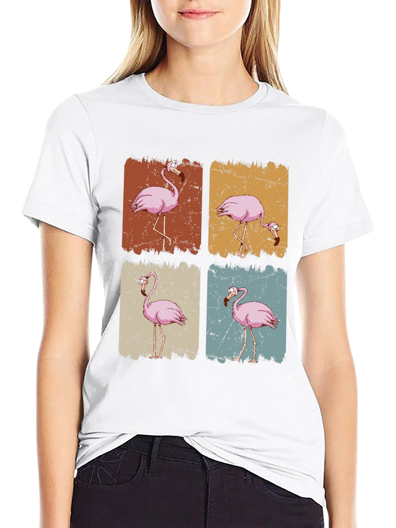 Retro Flamingo Graphic Print Black T-Shirt