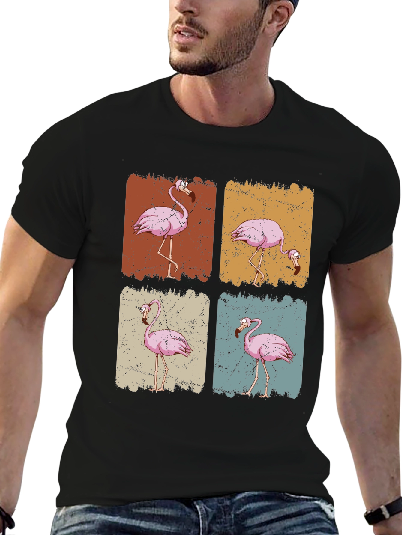 Retro Flamingo Graphic Print Black T-Shirt