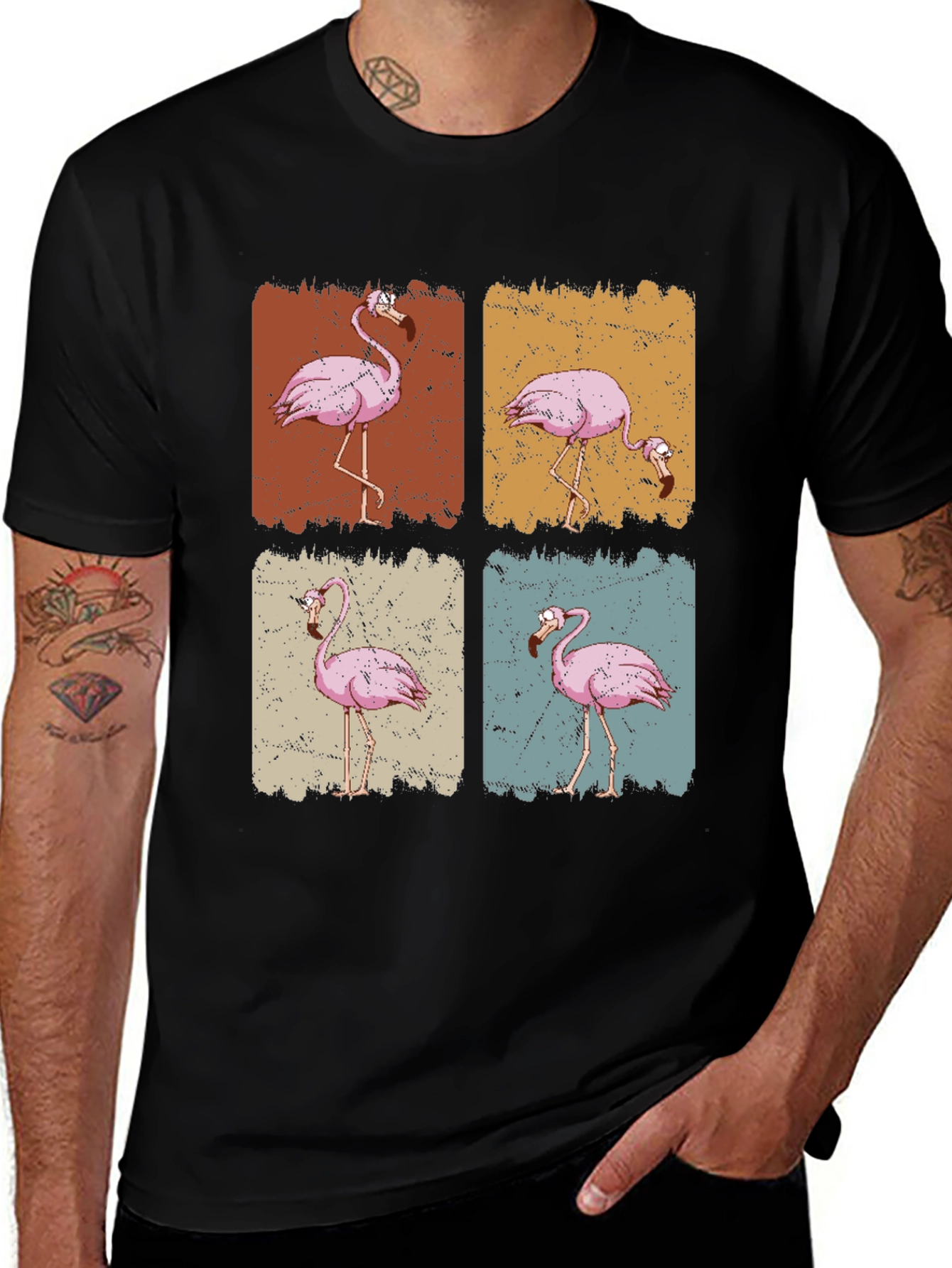 Retro Flamingo Graphic Print Black T-Shirt