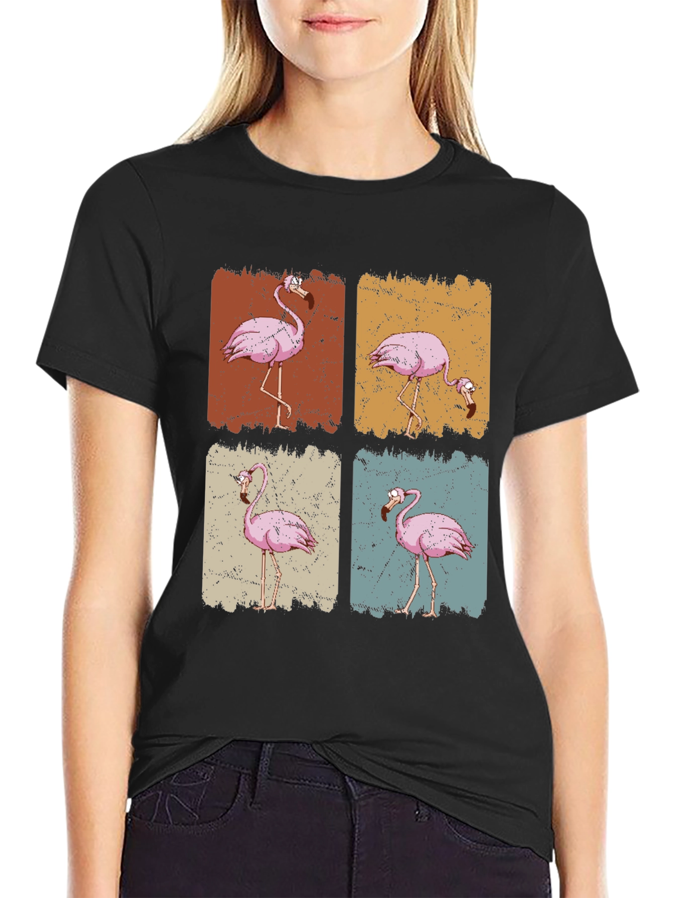 Retro Flamingo Graphic Print Black T-Shirt