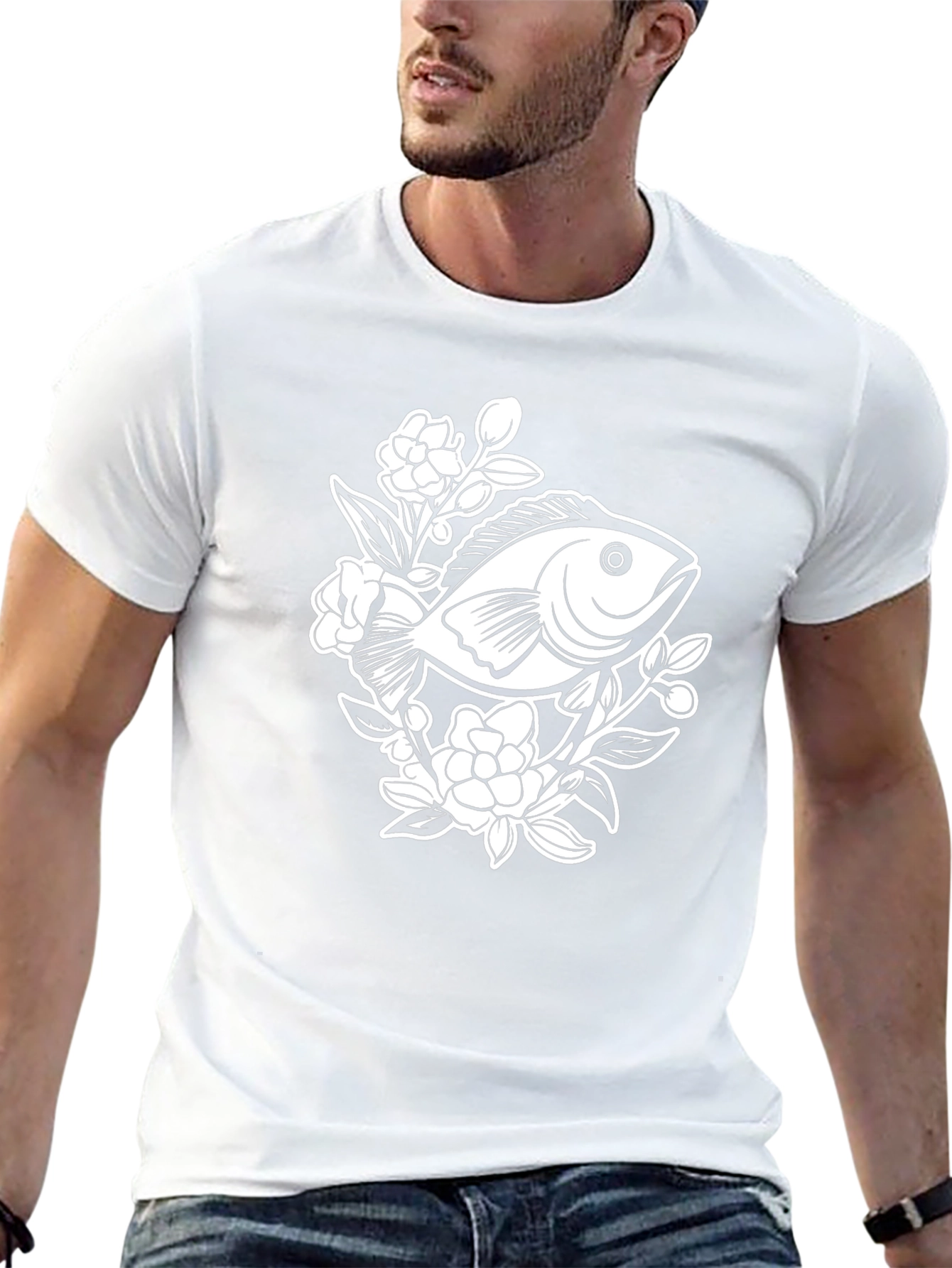 Black T-Shirt with Floral Fish Graphic