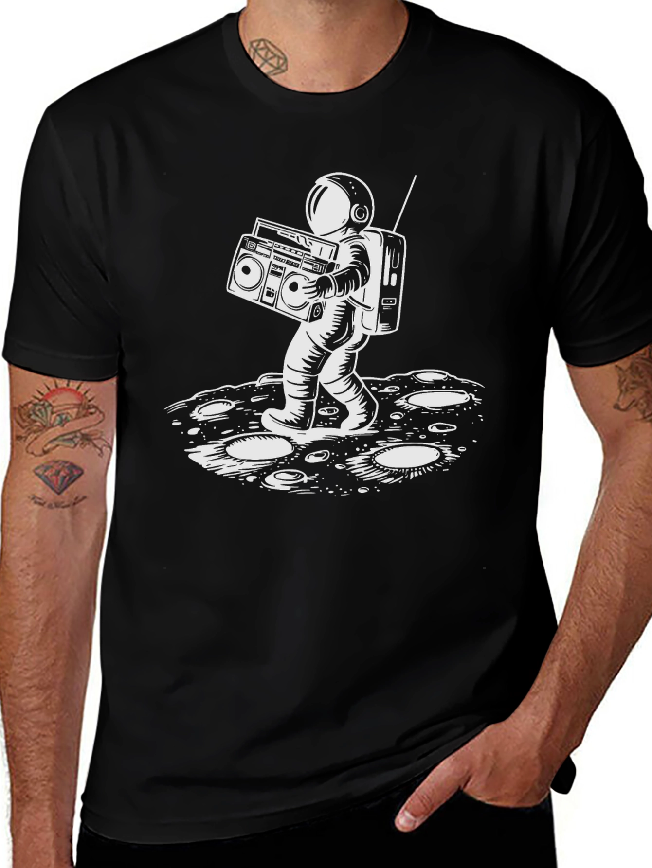 Astronaut Boombox Graphic Tee - Black Cotton T-Shirt