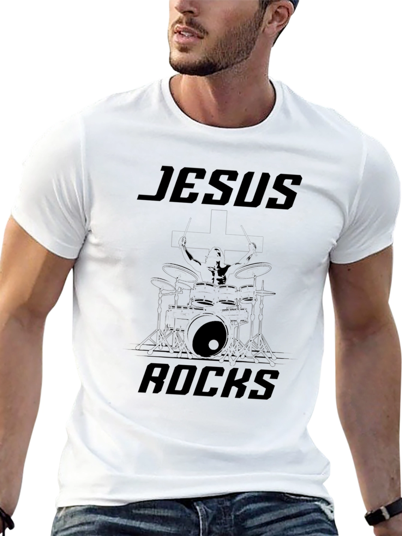 Jesus Rocks Drummer Graphic Black Tee