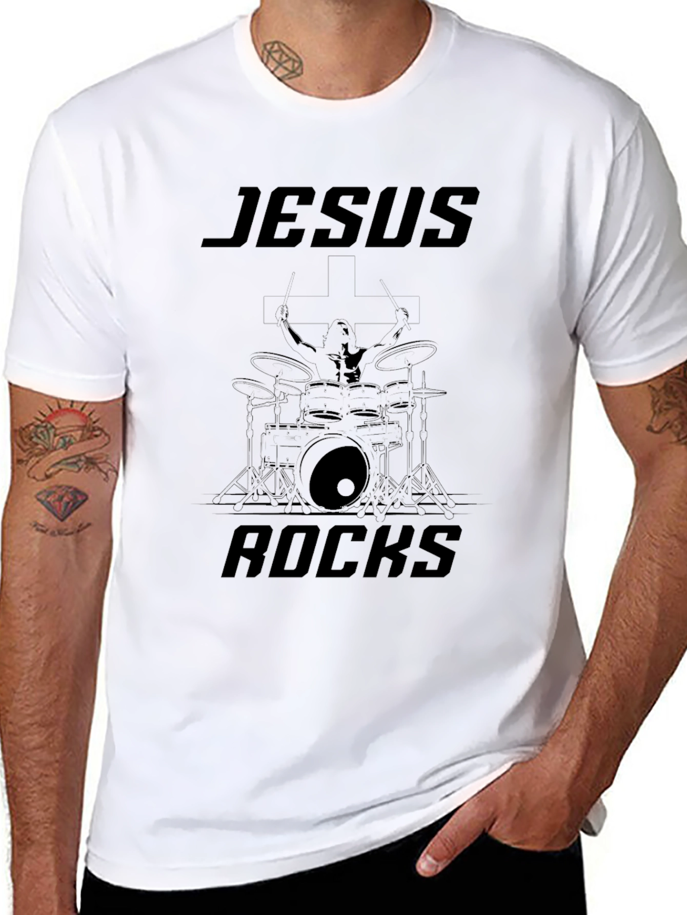 Jesus Rocks Drummer Graphic Black Tee