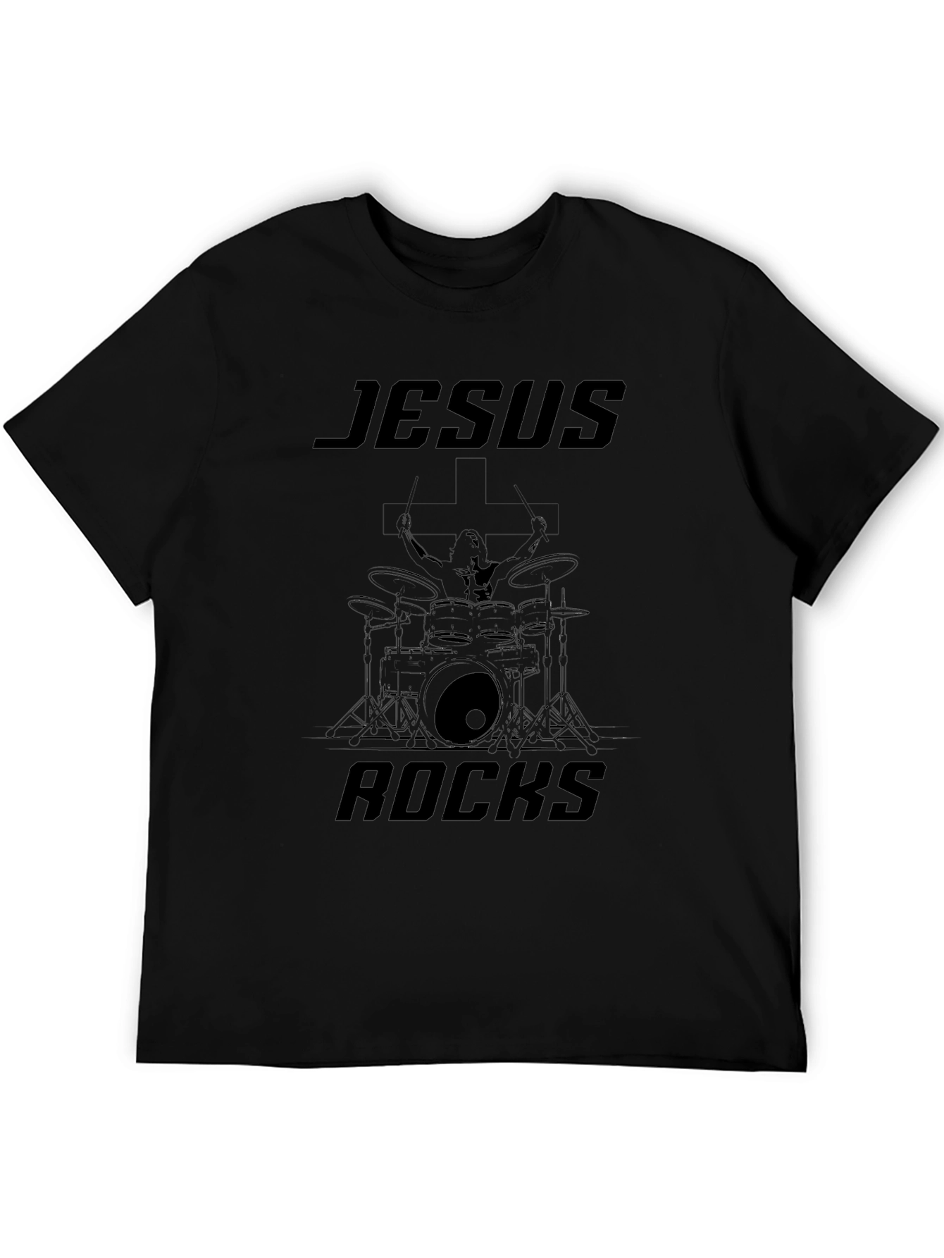 Jesus Rocks Drummer Graphic Black Tee