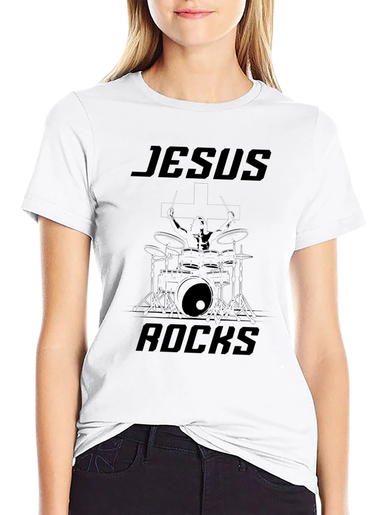 Jesus Rocks Drummer Graphic Black Tee