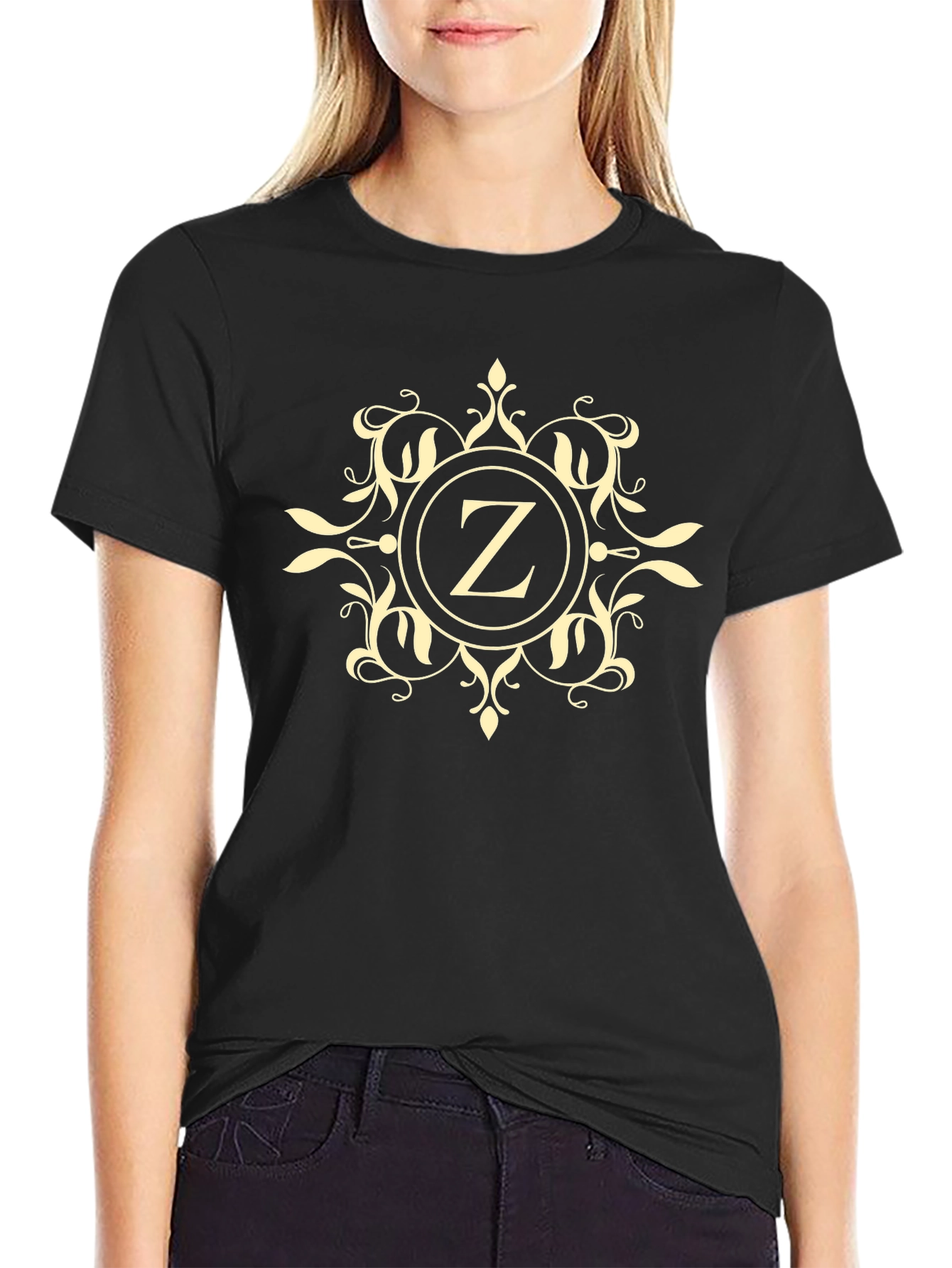 Monogrammed Z Black T-Shirt - Elegant Floral Design