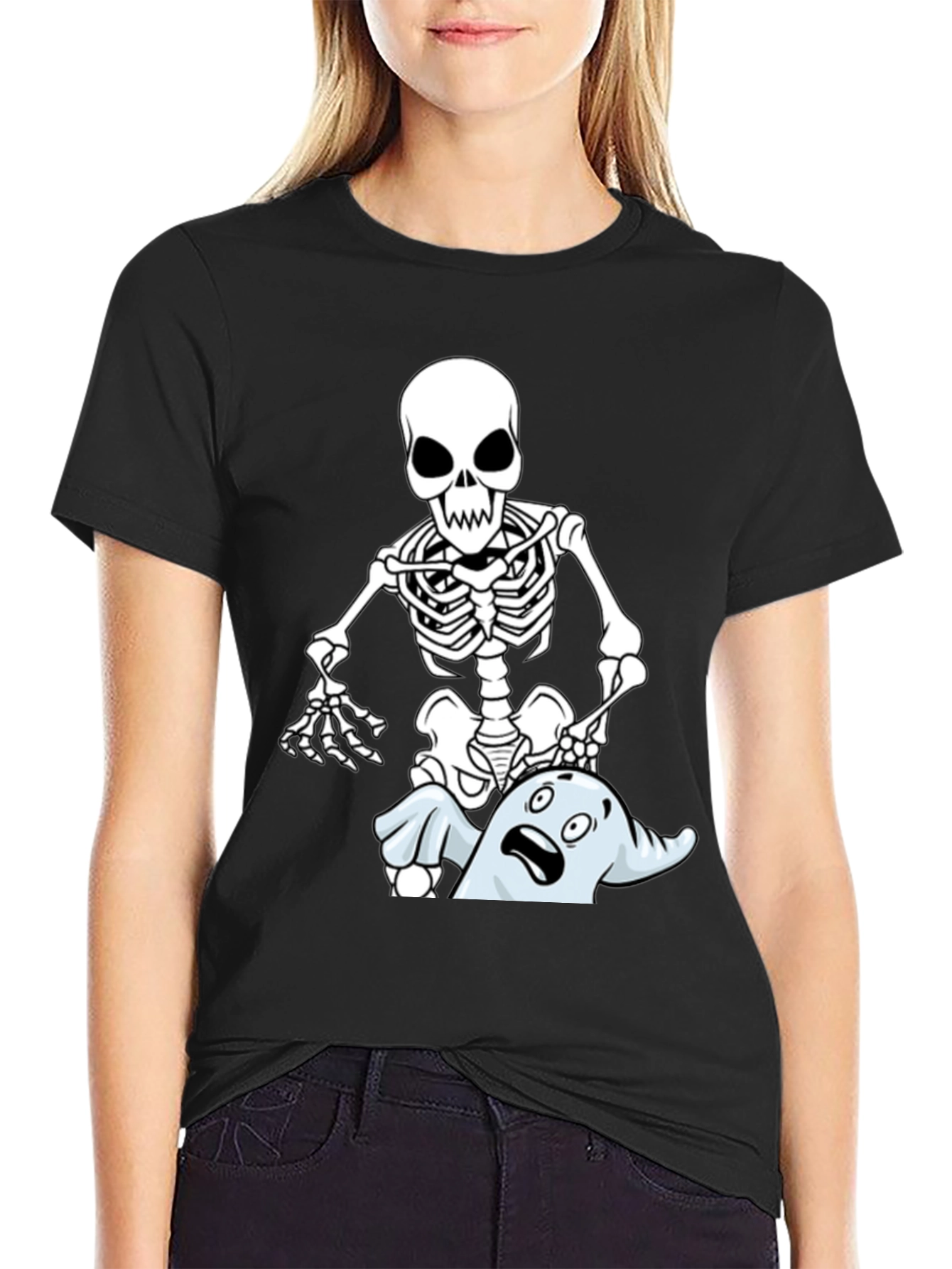 Funny Skeleton & Ghost Graphic T-Shirt - Black