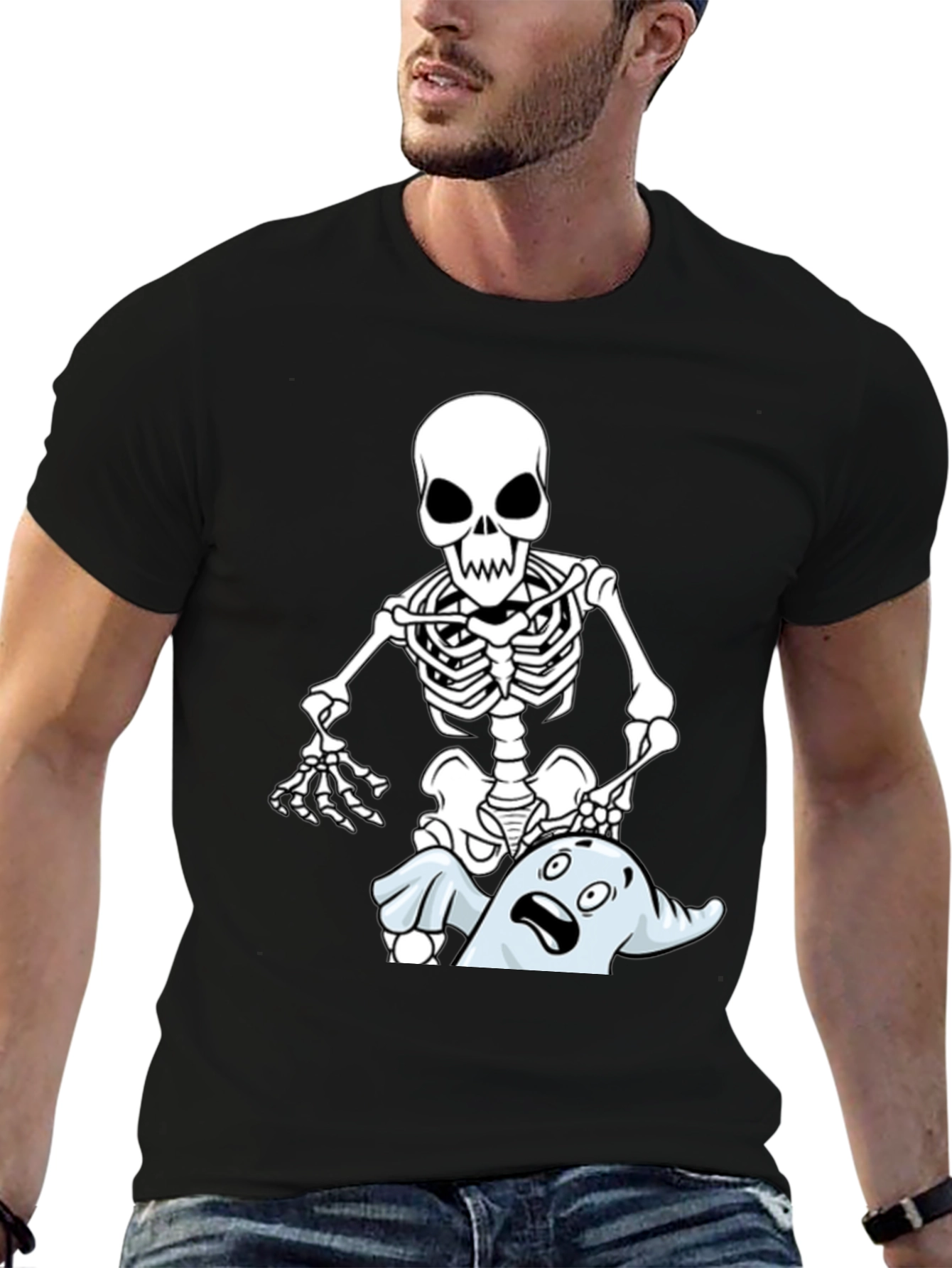 Funny Skeleton & Ghost Graphic T-Shirt - Black