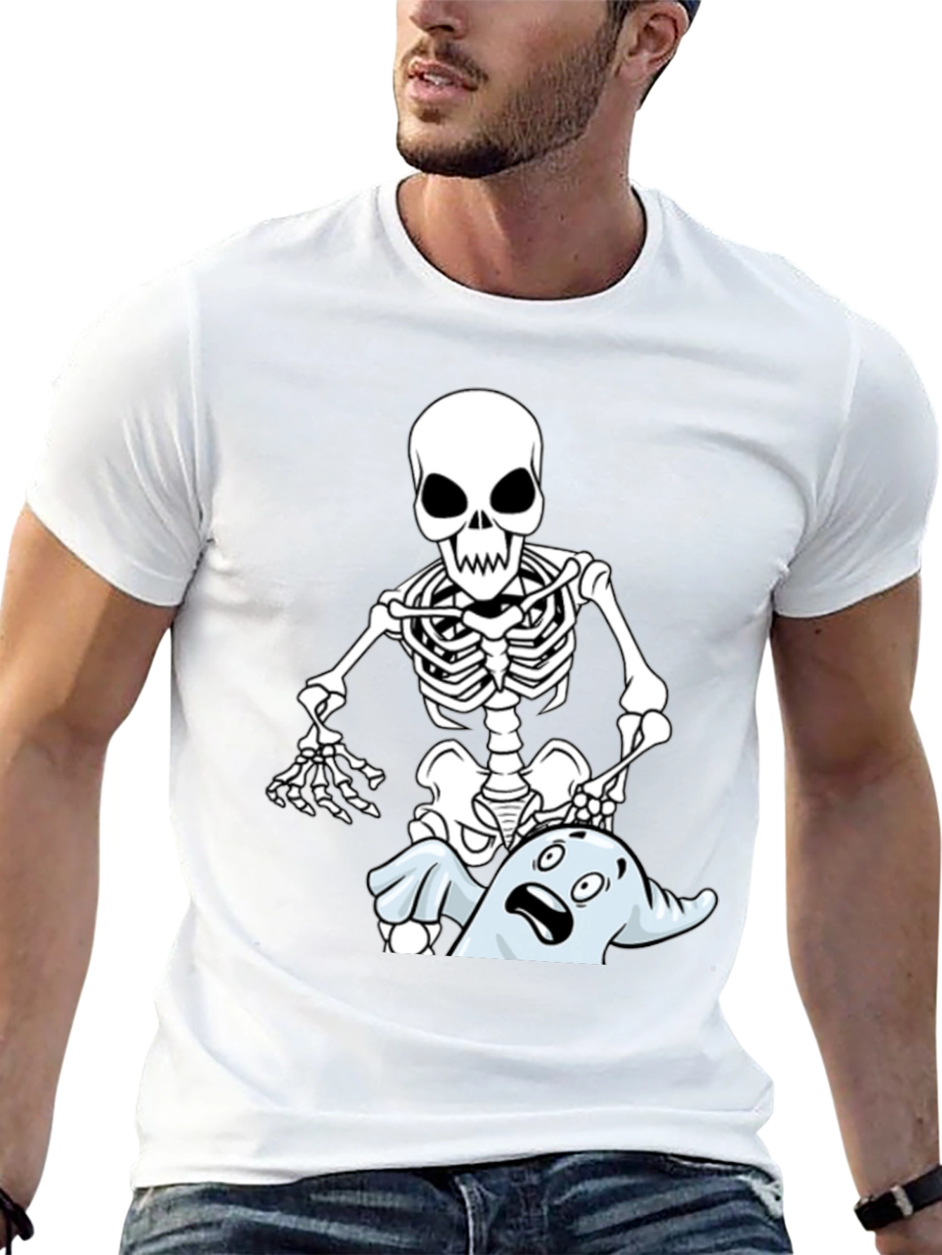 Funny Skeleton & Ghost Graphic T-Shirt - Black