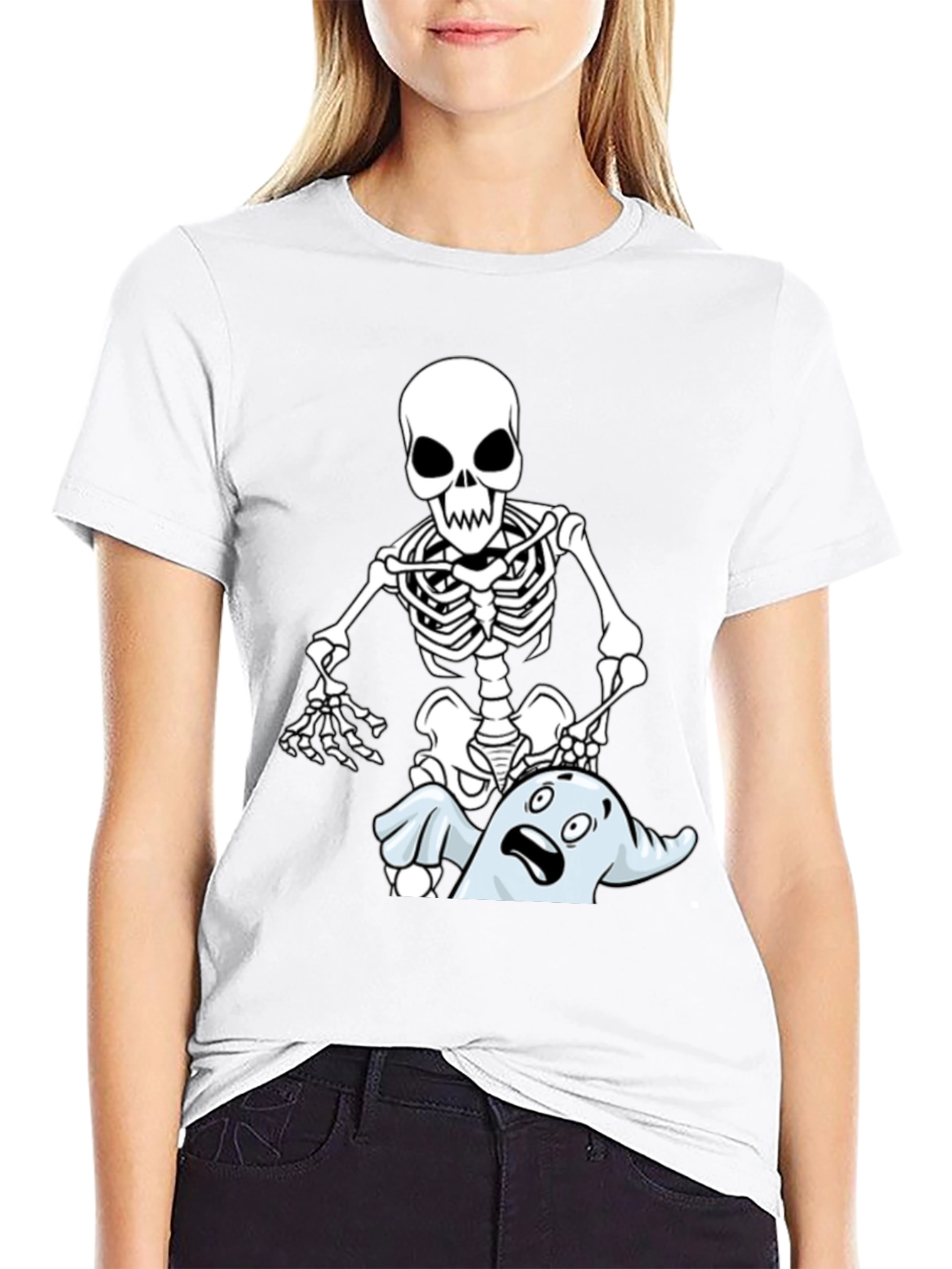 Funny Skeleton & Ghost Graphic T-Shirt - Black