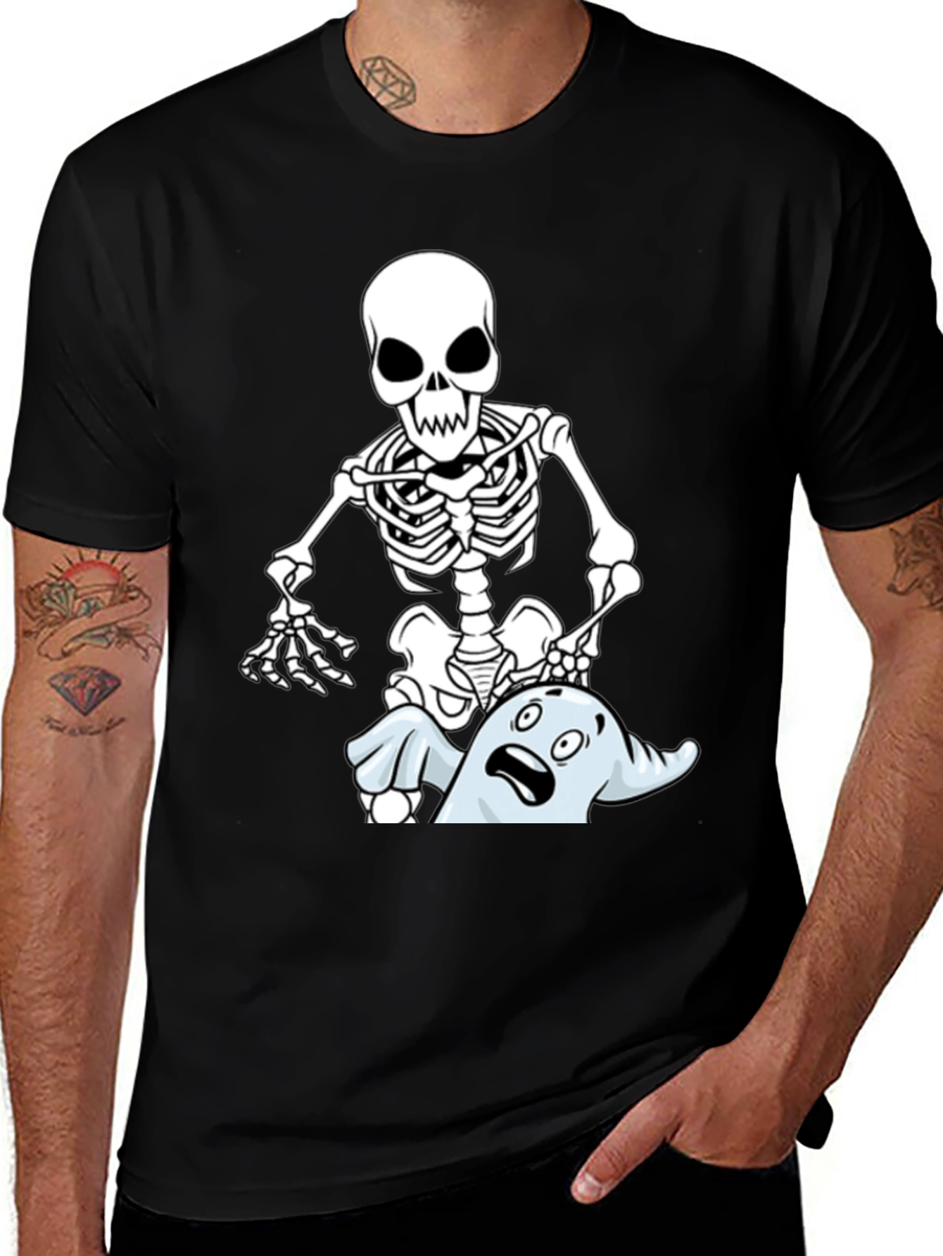 Funny Skeleton & Ghost Graphic T-Shirt - Black