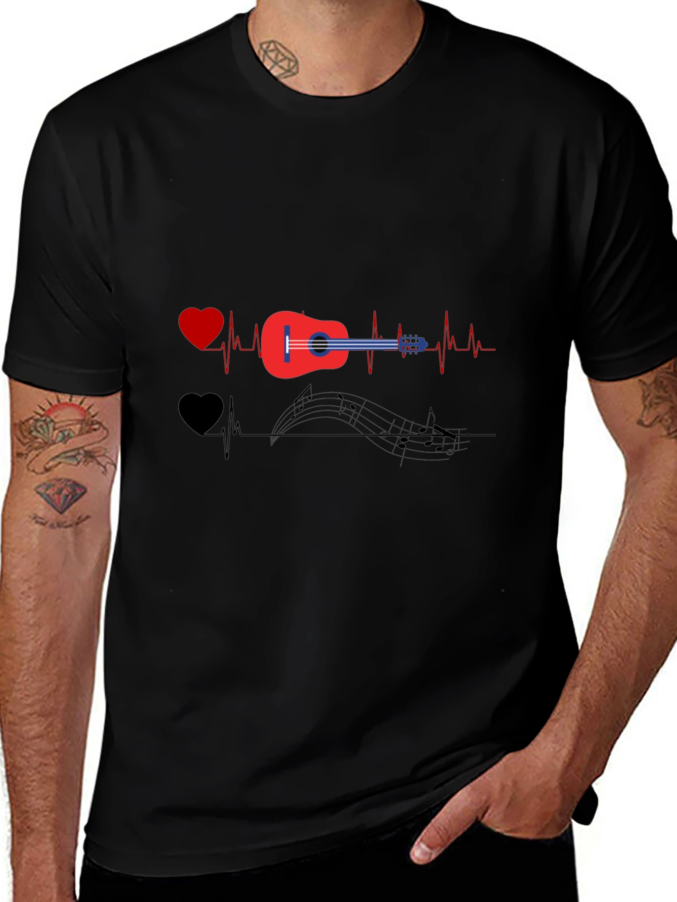 Music Lover T-Shirt - Guitar Heartbeat Design