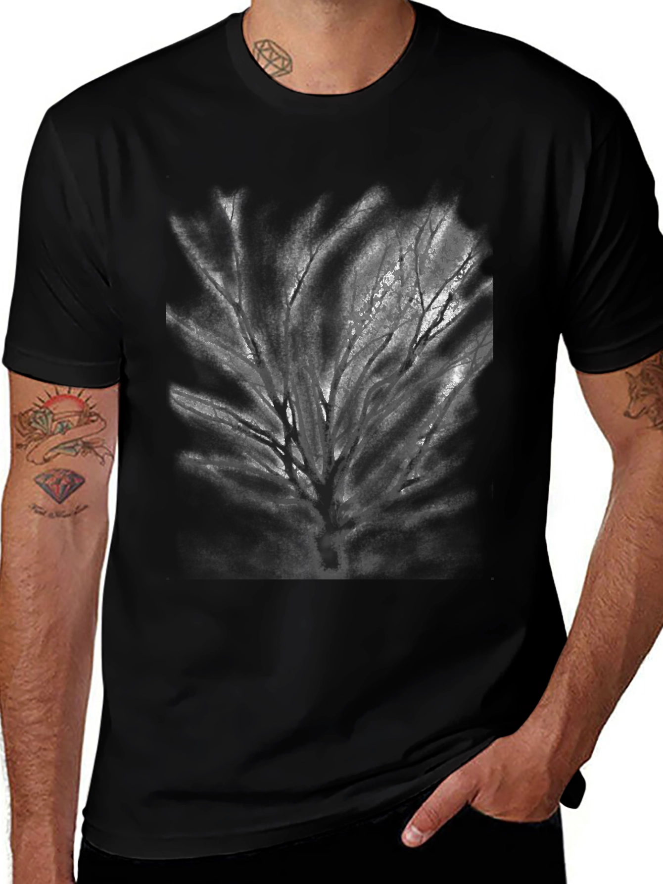 Black T-Shirt with Tree Graphic Print