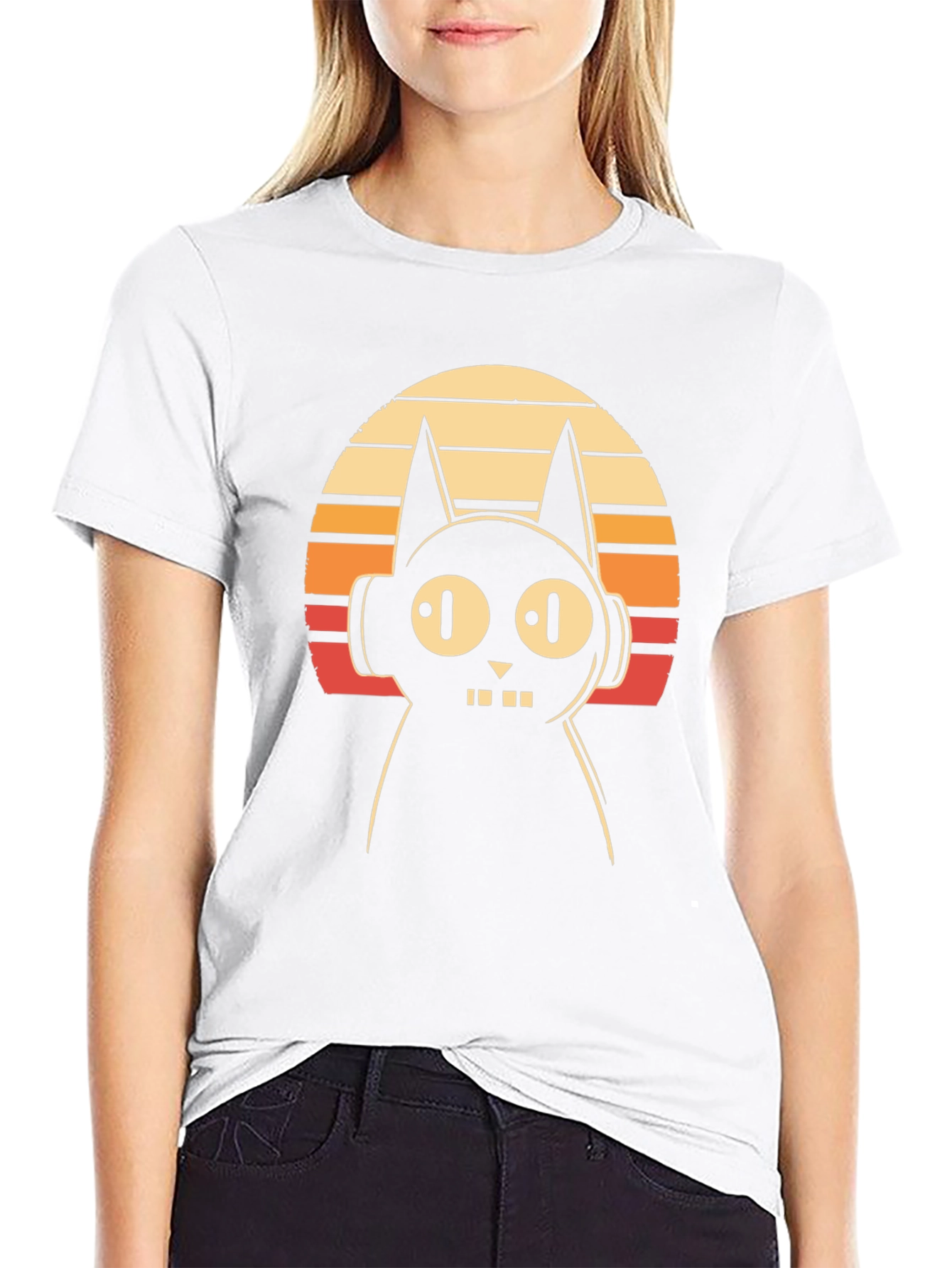 Retro Cat DJ Graphic Tee - Black Cotton T-Shirt