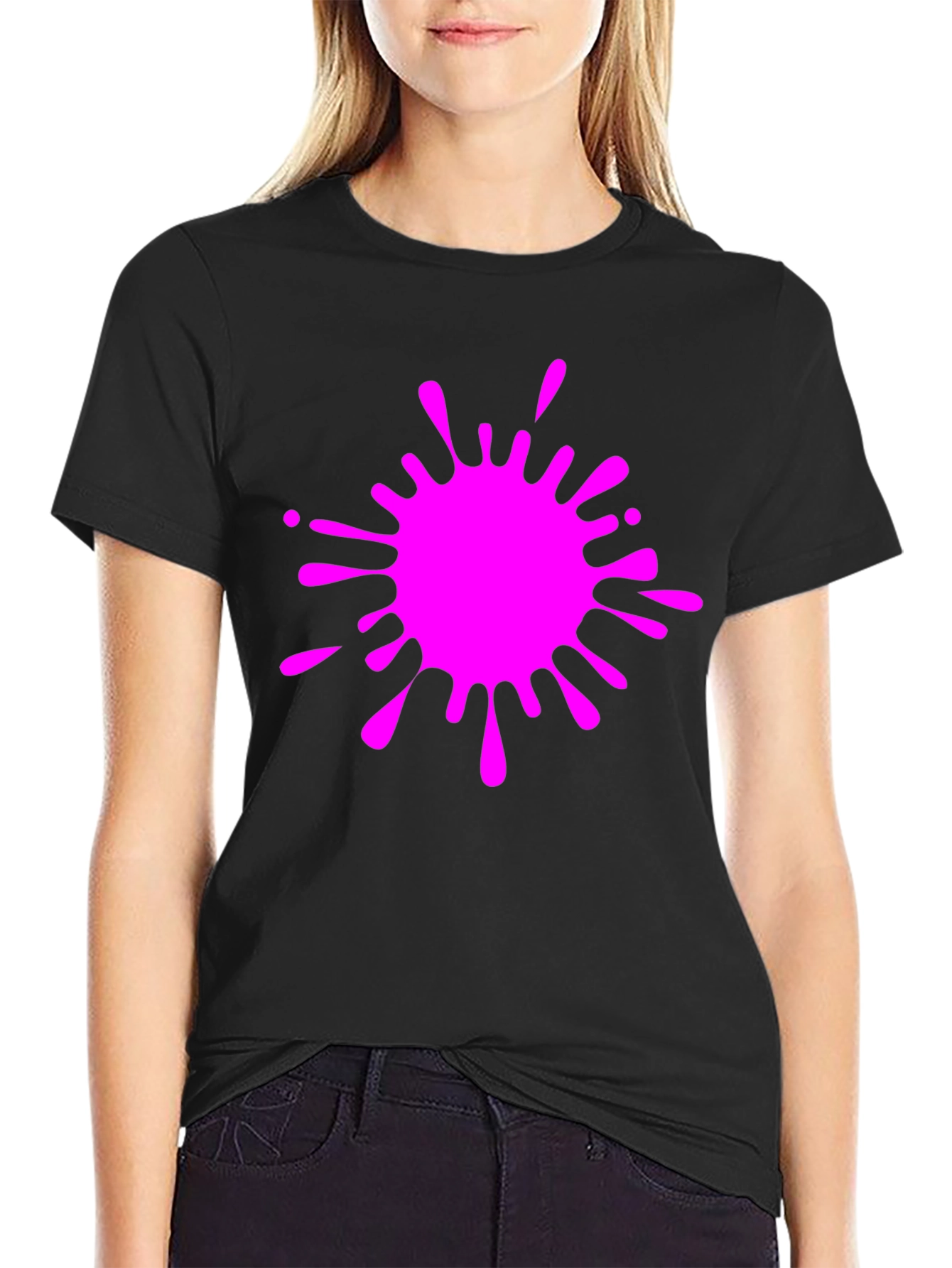 Black Tee with Vivid Pink Splatter Graphic