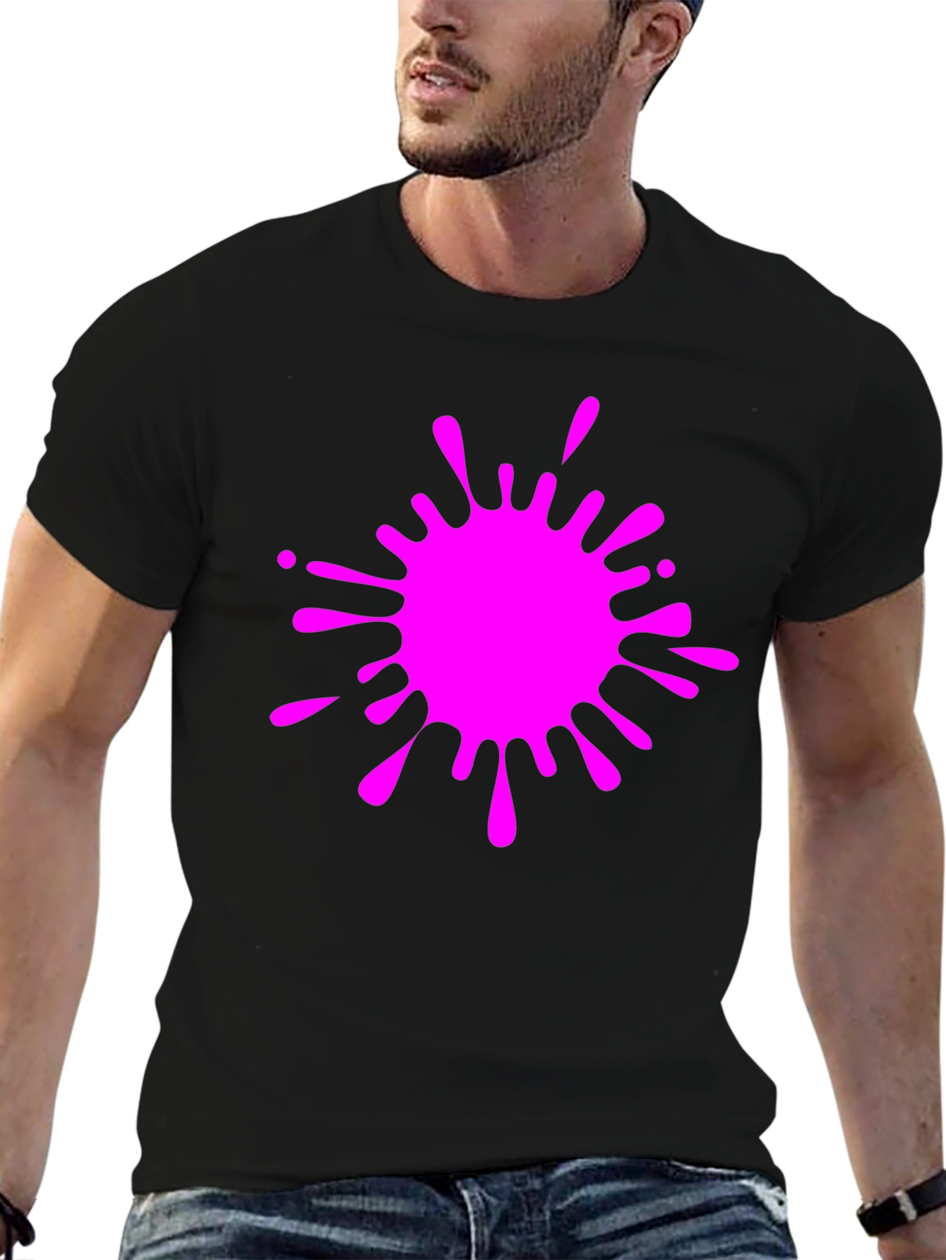 Black Tee with Vivid Pink Splatter Graphic