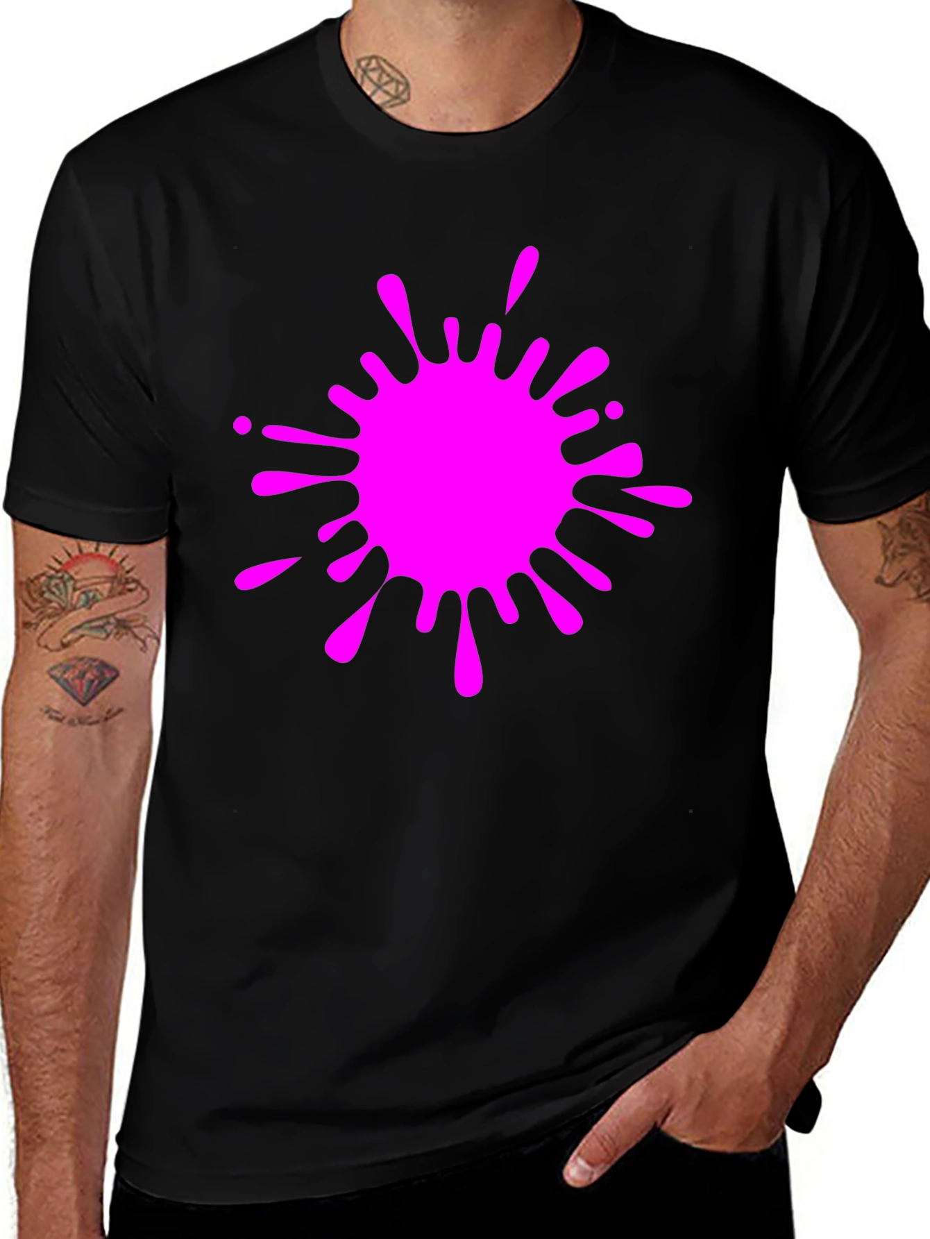 Black Tee with Vivid Pink Splatter Graphic