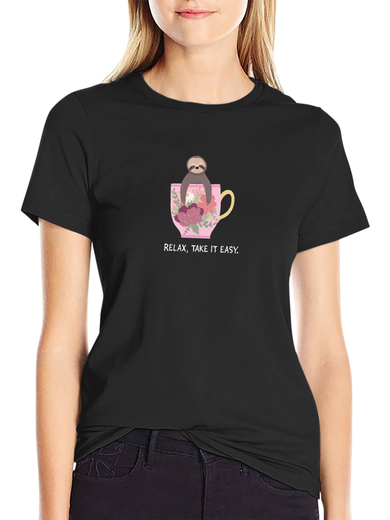 Relax Take it Easy Sloth in Teacup Black T-Shirt