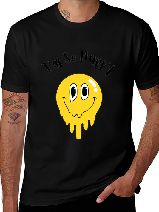 Happy Face Drip Graphic T-Shirt - Trendy Crew Neck Tee
