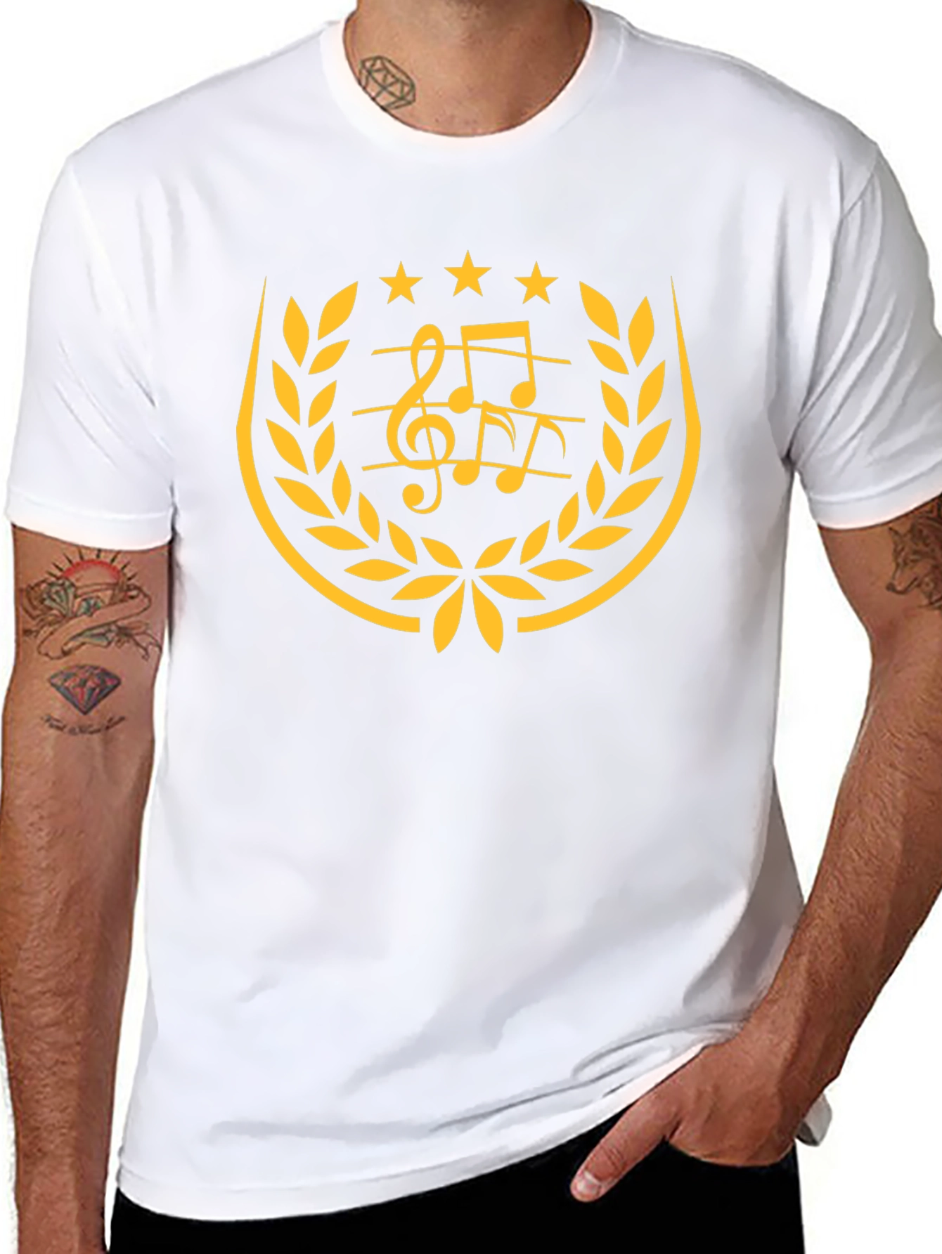 Music Note Laurel Wreath Graphic Black T-Shirt