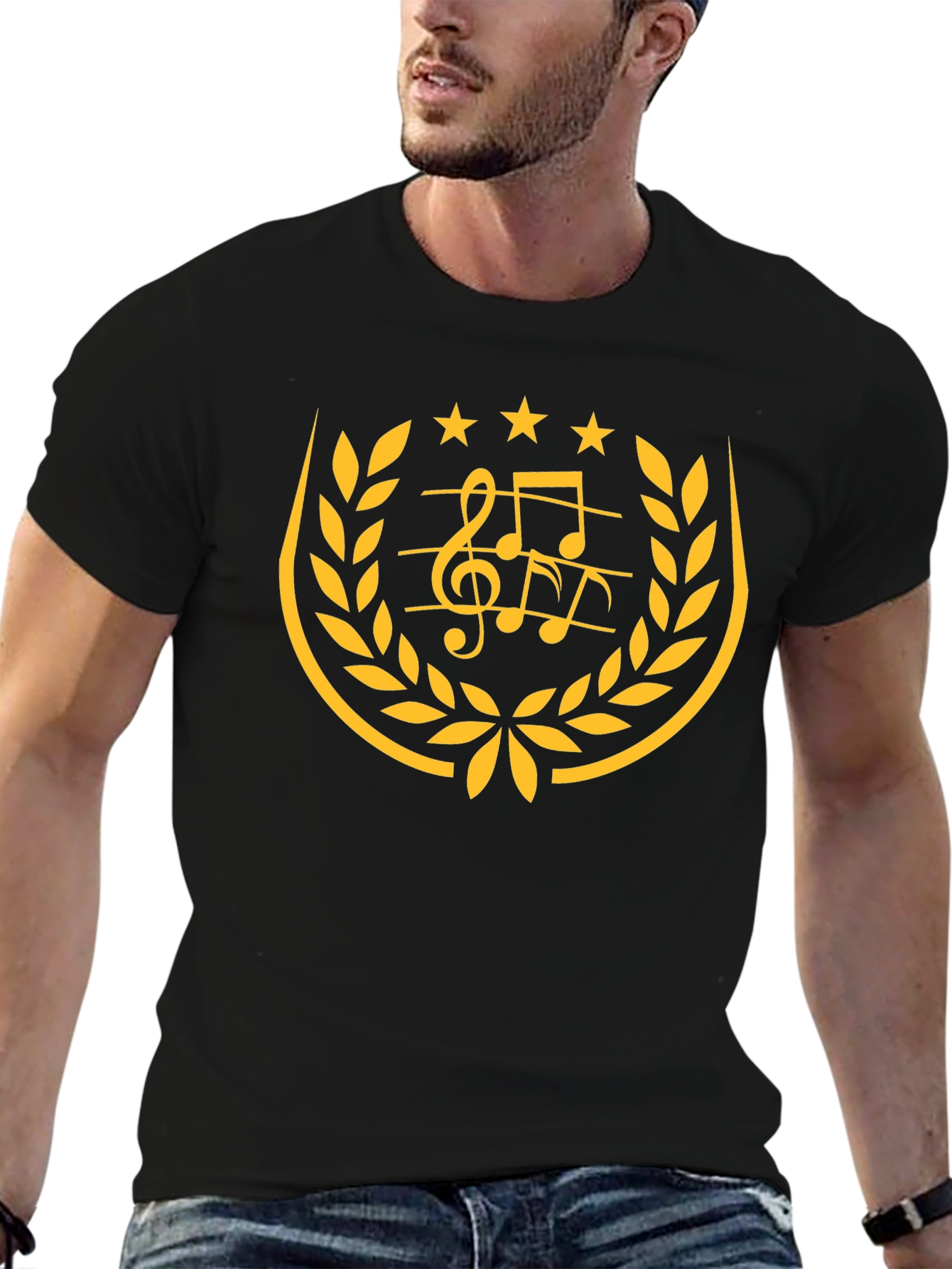Music Note Laurel Wreath Graphic Black T-Shirt