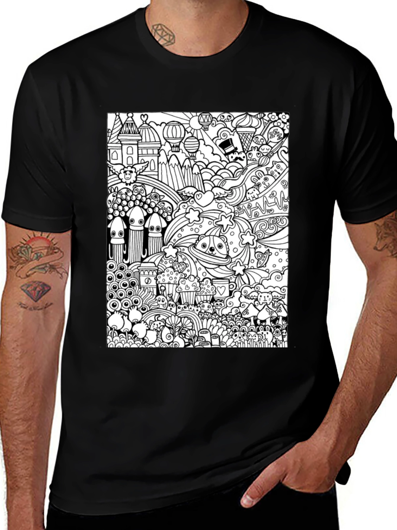 Doodle Art Graphic Tee - Black Cotton Casual Shirt